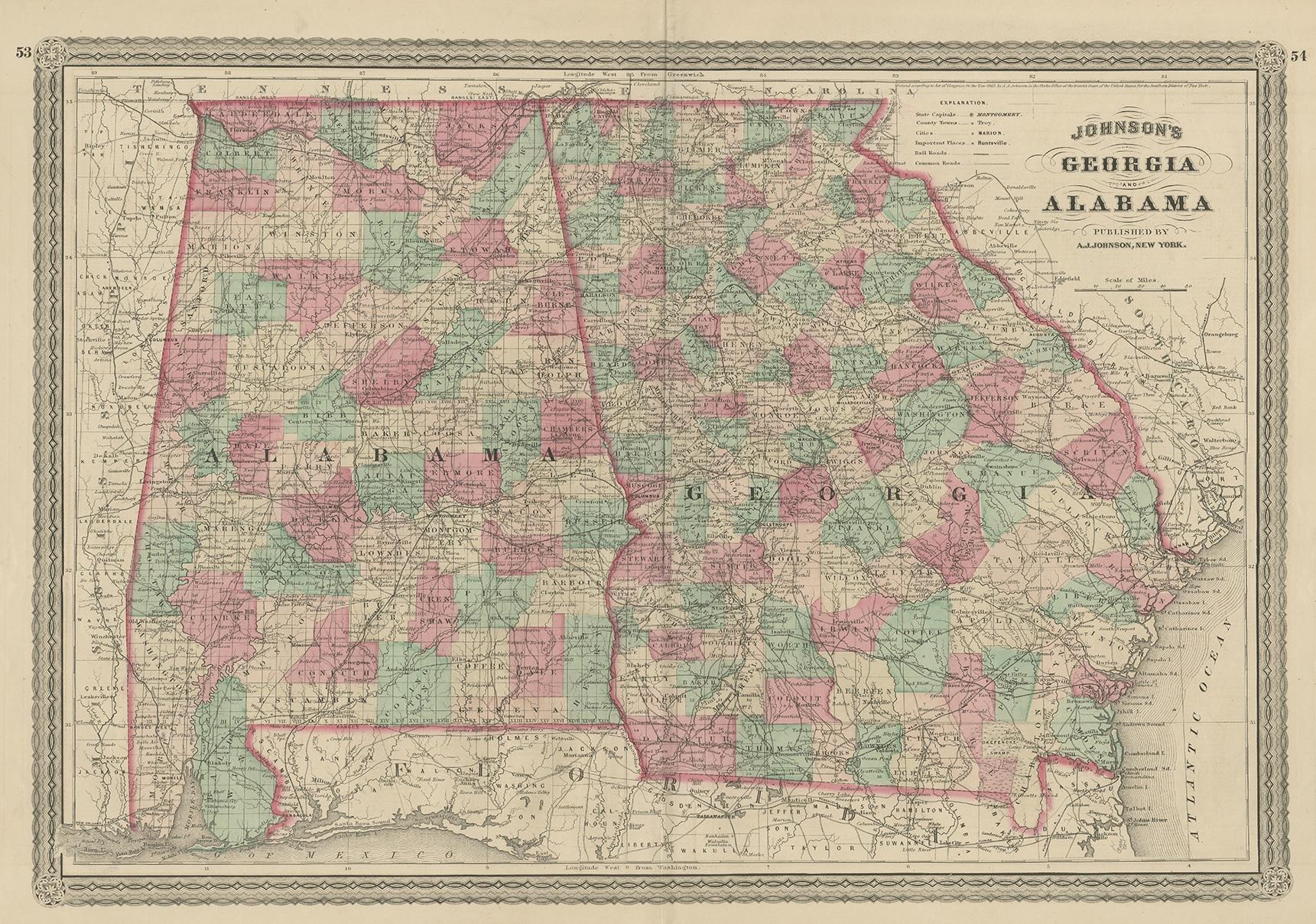 Antike Karte mit dem Titel 'Johnsons Georgia und Alabama'. Original-Karte von Georgia und Alabama. Diese Karte stammt aus 