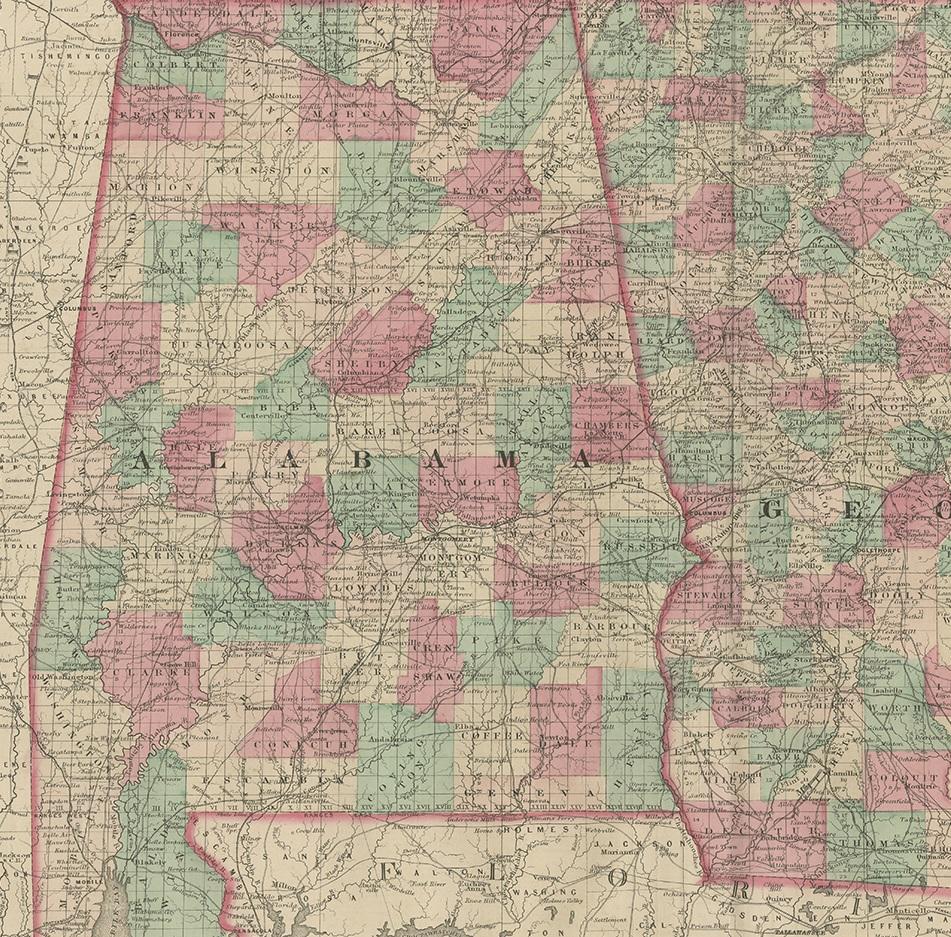 Antike Karte von Georgia und Alabama von Johnson, 1872 im Zustand „Relativ gut“ im Angebot in Langweer, NL