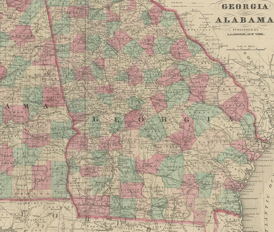 Antike Karte von Georgia und Alabama von Johnson, 1872 (19. Jahrhundert) im Angebot