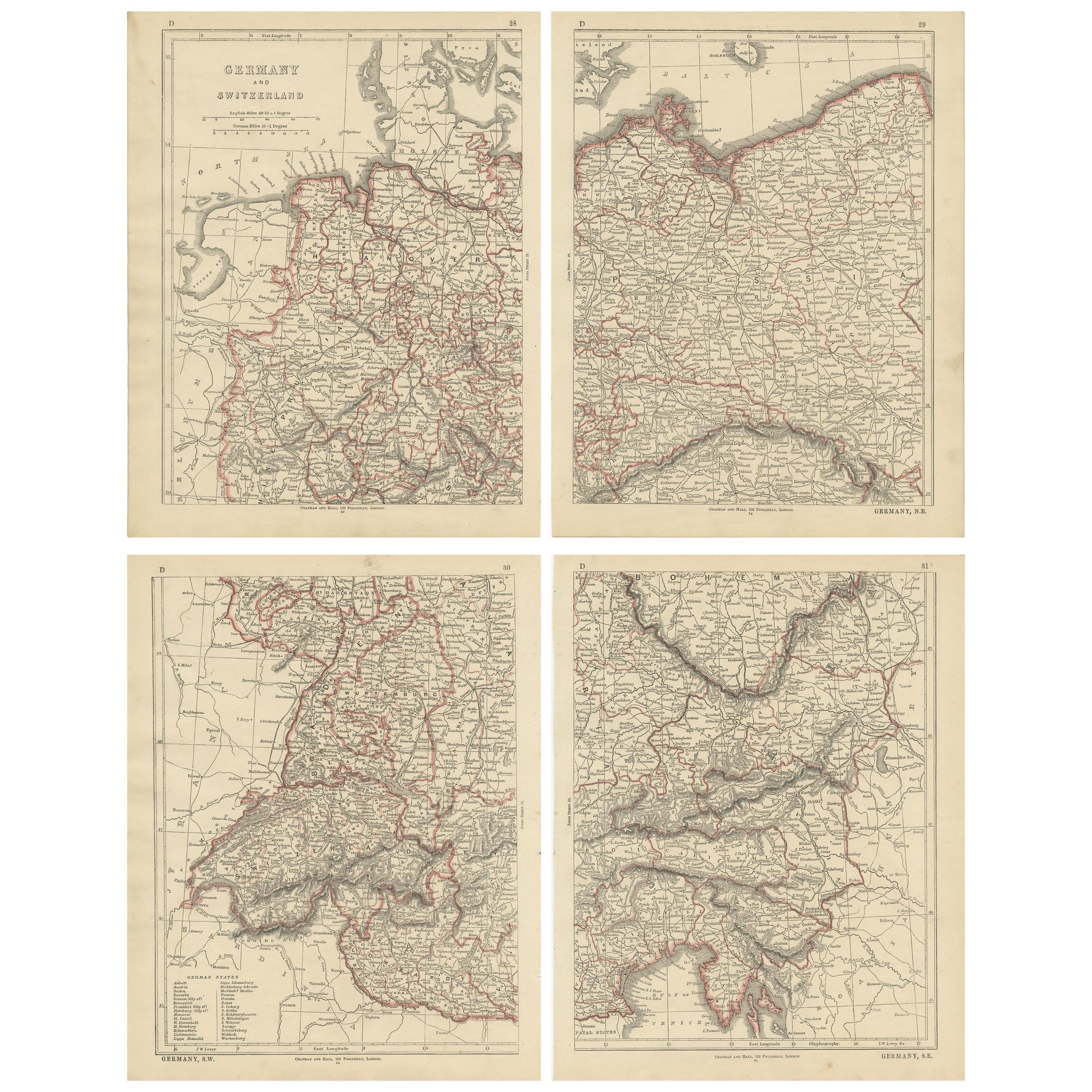 Antike Karte von Deutschland und der Schweiz von Lowry, „1852“
