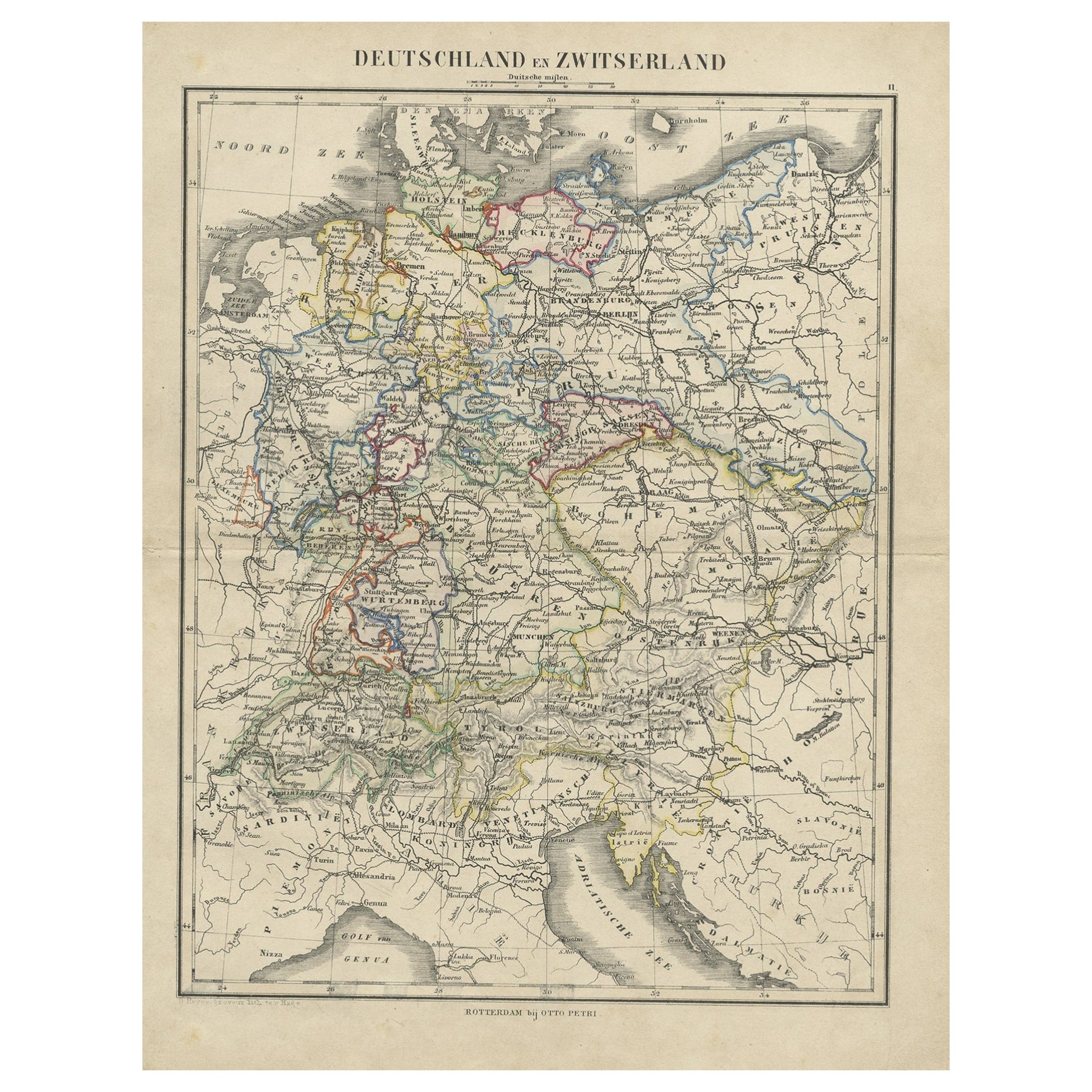 Carte ancienne d'Allemagne et de Suisse provenant d'un Atlas de l'ancienne école néerlandaise, vers 1873