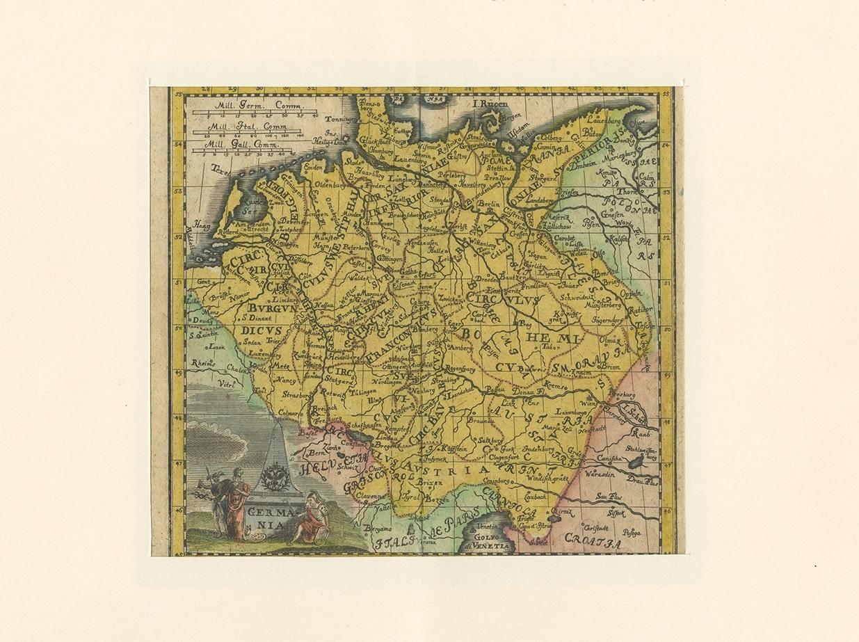 Antique map titled 'Germania'. Rare miniature map of Germany and surroundings. This map covers the entirety of those lands traditionally occupied by Germanic peoples, from the Blatic Coast to the Gulf of Venice and from Holland and Belgium to