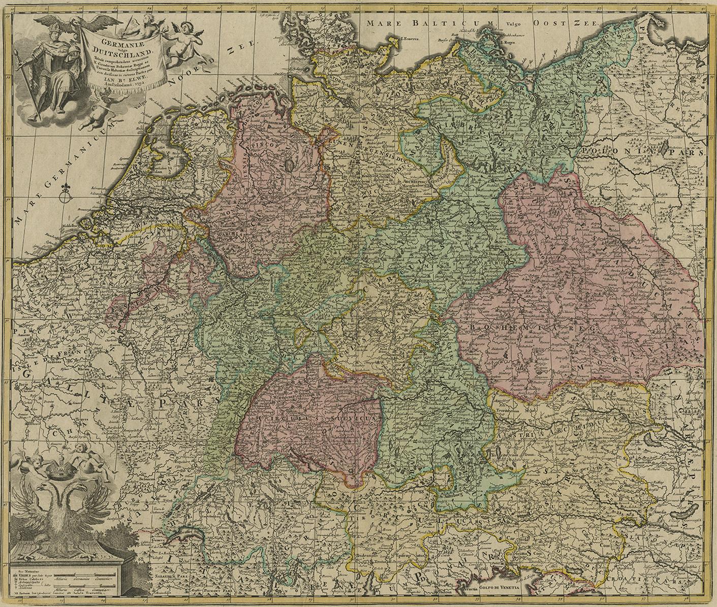 Antique map titled 'Germanie vulgo Duitschland (..)'. Decorative map of Germany with Silesia, Bohemia , Netherlands, Belgium, Elzas, Switzerland, Tyrol and Austria. With two cartouches, one with the German 