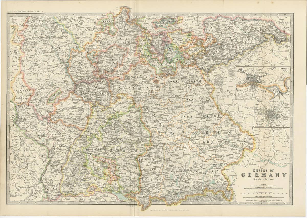 Antique Map of Germany by Johnston '1909'