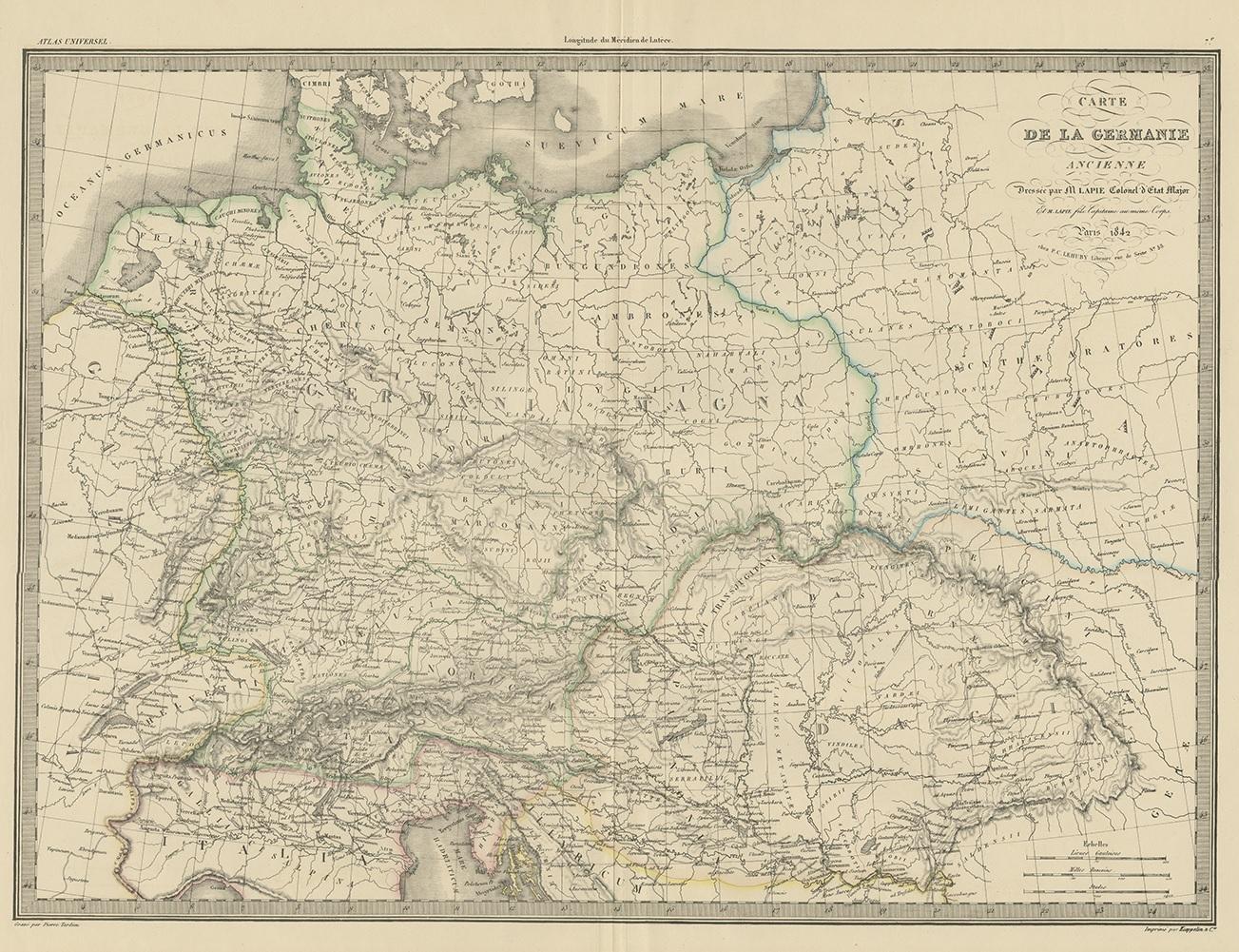Antique map titled 'Carte de la Germanie Ancienne'. Map of Germany. This map originates from 'Atlas universel de géographie ancienne et moderne (..)' by Pierre M. Lapie and Alexandre E. Lapie. Pierre M. Lapie was a French cartographer and engraver.