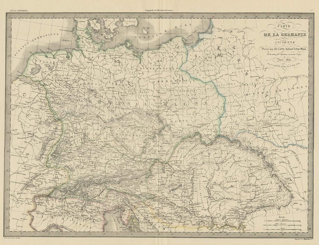 Antike Karte mit dem Titel 'Carte de la Germanie Ancienne'. Karte von Deutschland. Diese Karte stammt aus dem 