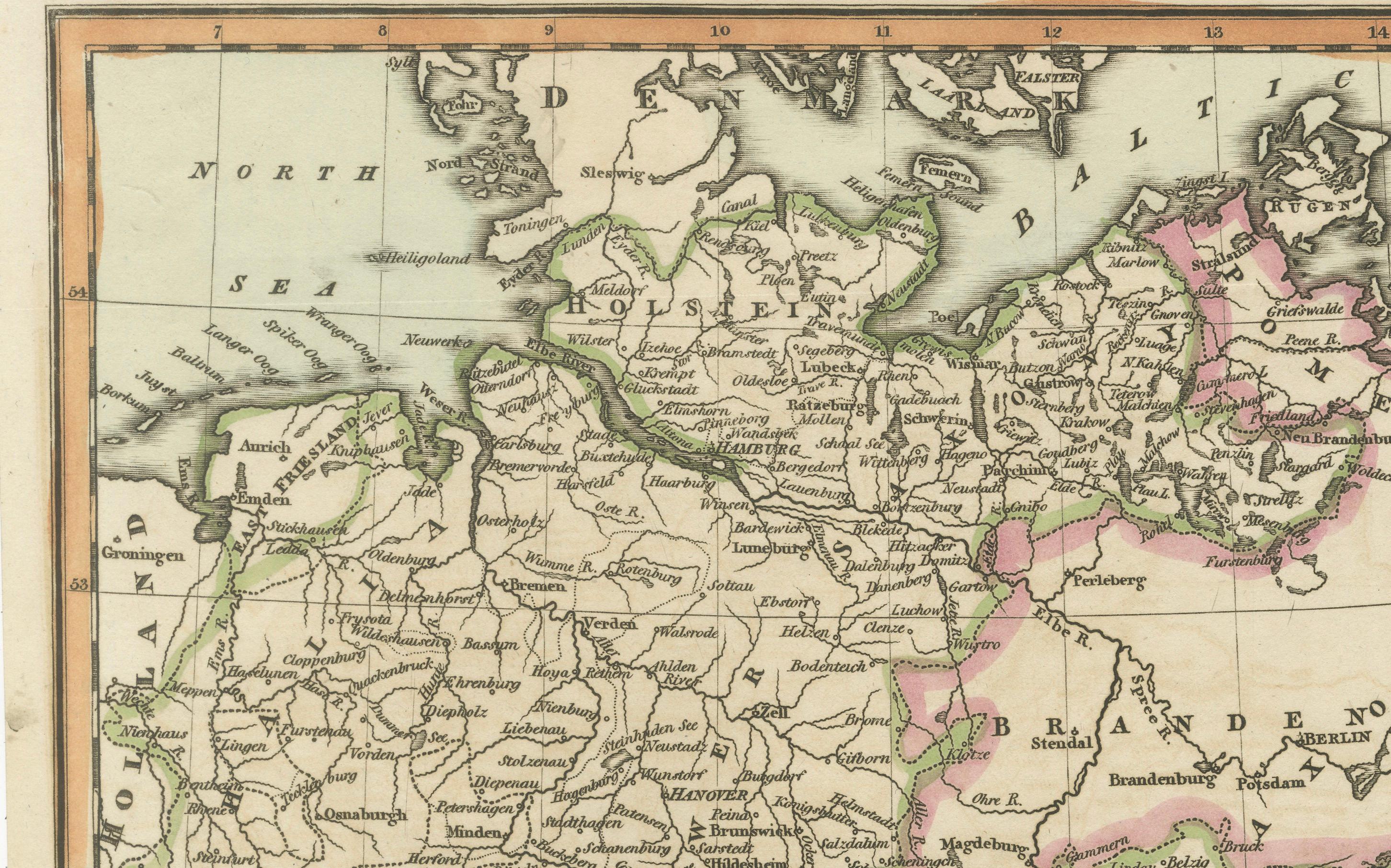 Antique Map of Germany by Thomas Kelly, London, circa 1830, with hand colouring

Finely engraved map of Germany titled 'Germany', published by Thomas Kelly at 17 Paternoster Row, London, circa 1830. This historical map outlines the German states,