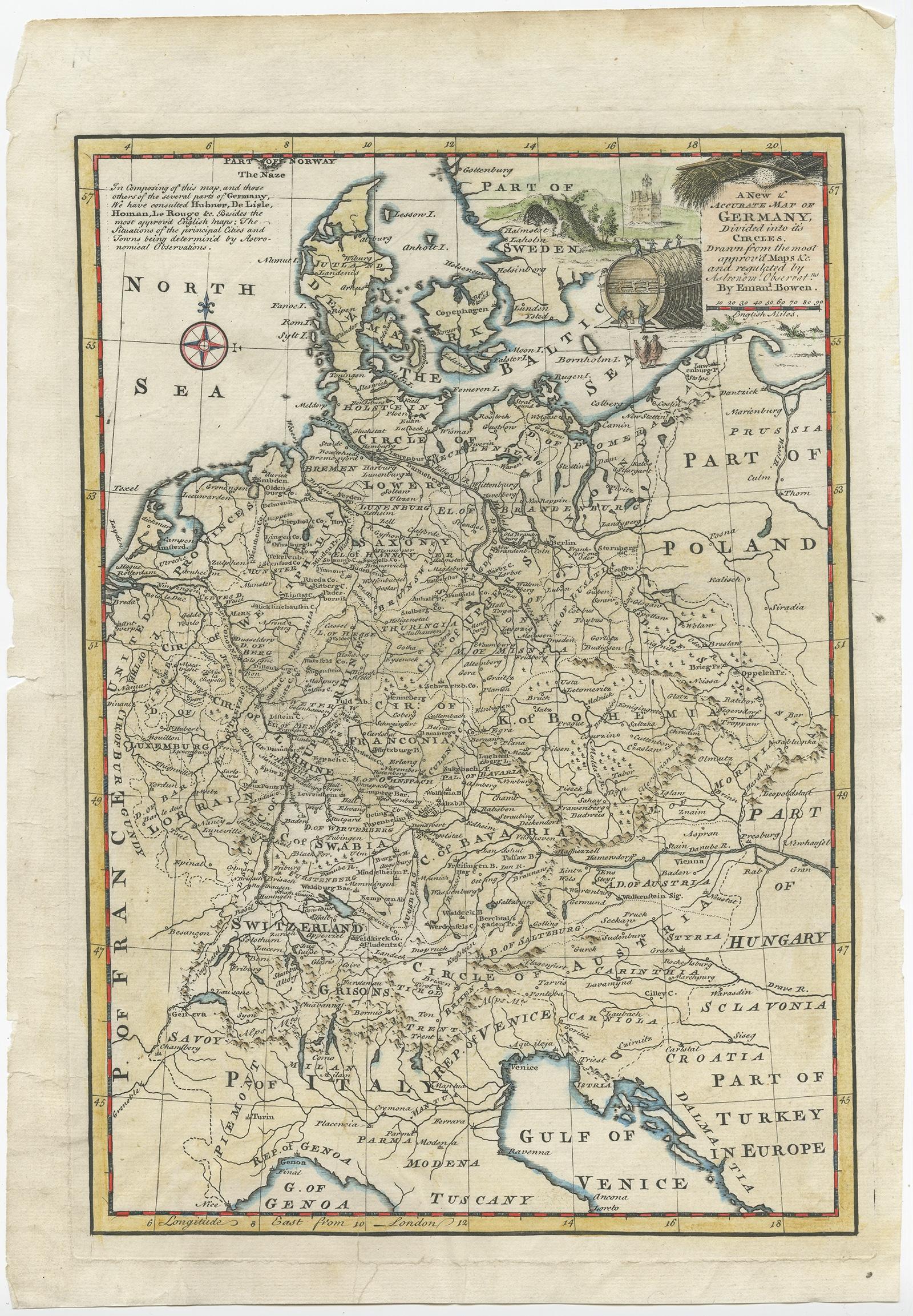 Antique map Germany titled 'A New & Accurate Map of Germany'. It covers Germany during the mid-18th century, which included all of modern day Germany, Austria, Switzerland, Czech Republic, the Netherlands, Denmark and parts of Eastern Europe. Parts