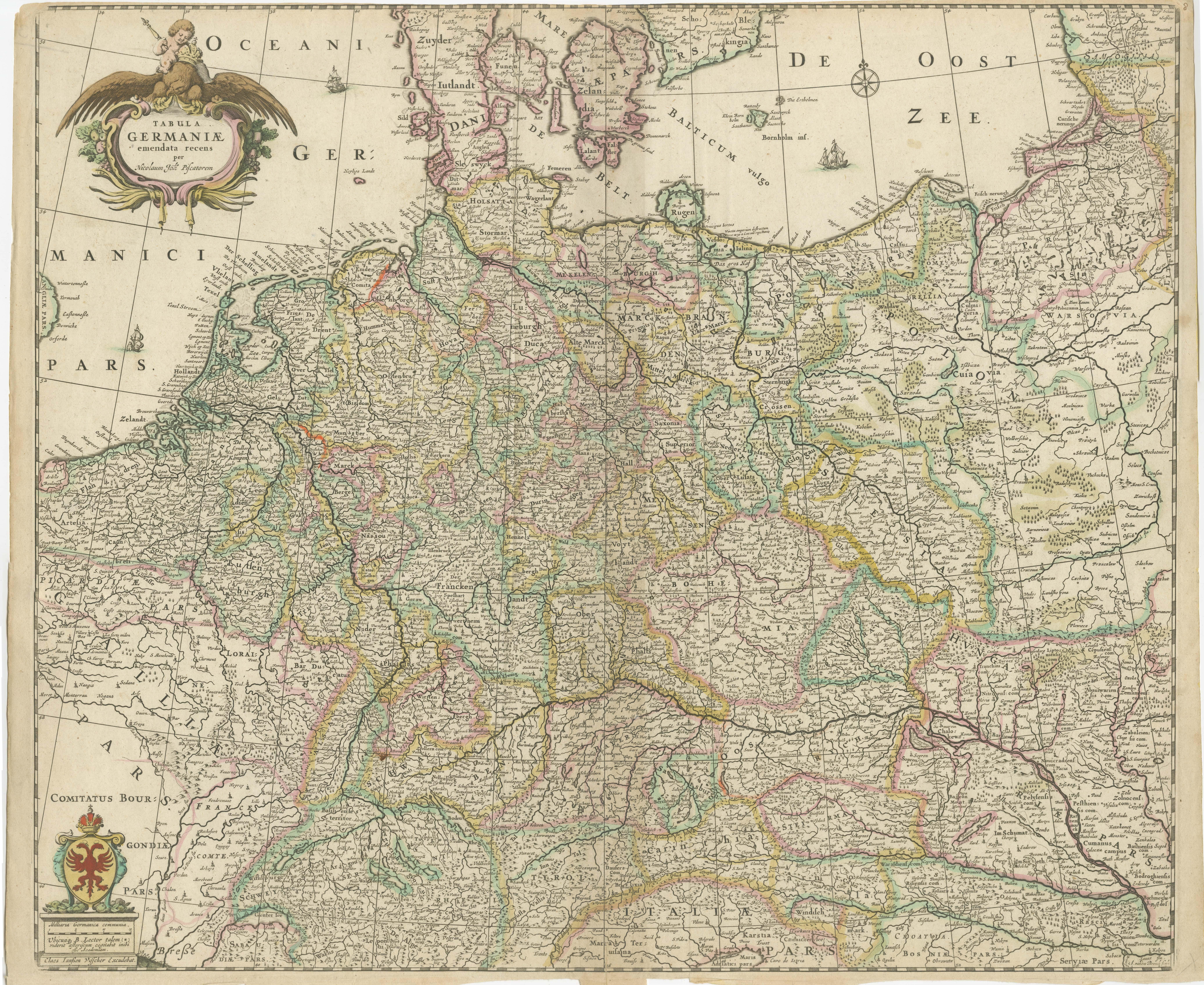 Antique map titled 'Tabula Germaniae'. Orginal antique map of Germany by Claes Jansz. Visscher. Published circa 1650. including the Low Countries, Switzerland, and parts of France, Austria, Bohemia and Poland.