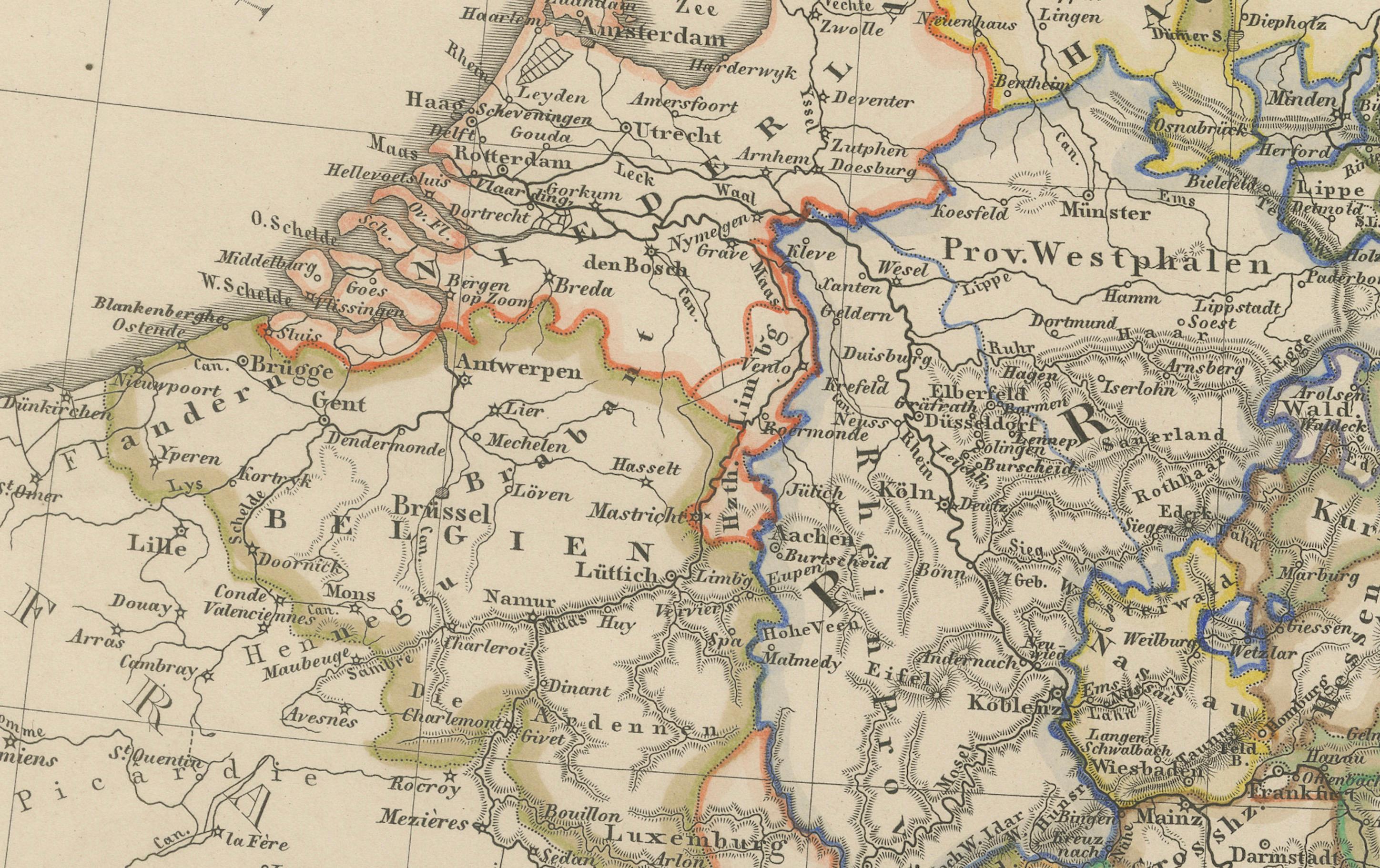 Carte ancienne de l'Allemagne, des Pays-Bas, de la Belgique et de la Suisse - Stülpnagel, 1857 Bon état - En vente à Langweer, NL