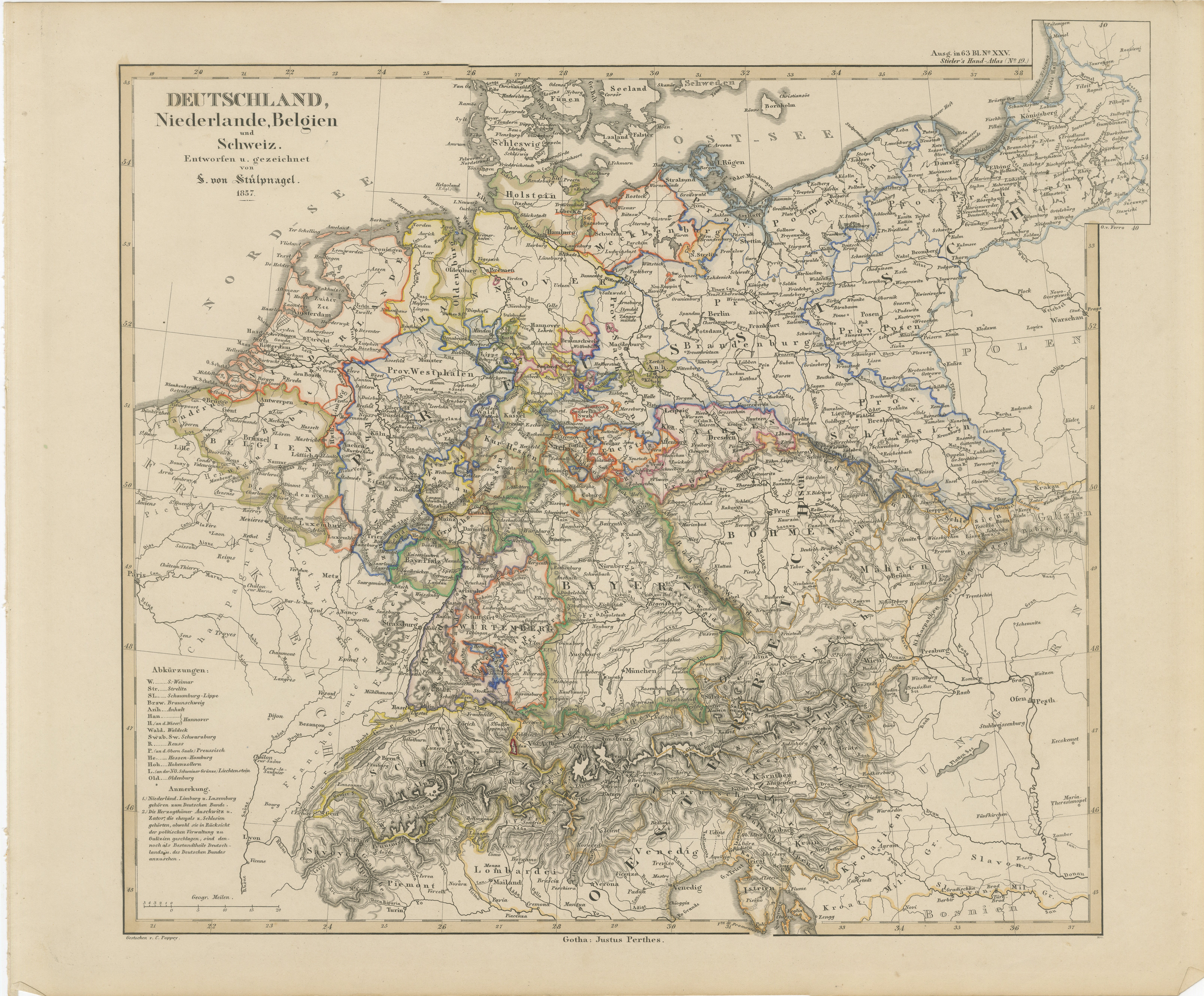 Mapa antiguo de Alemania, Países Bajos, Bélgica y Suiza - Stülpnagel, 1857