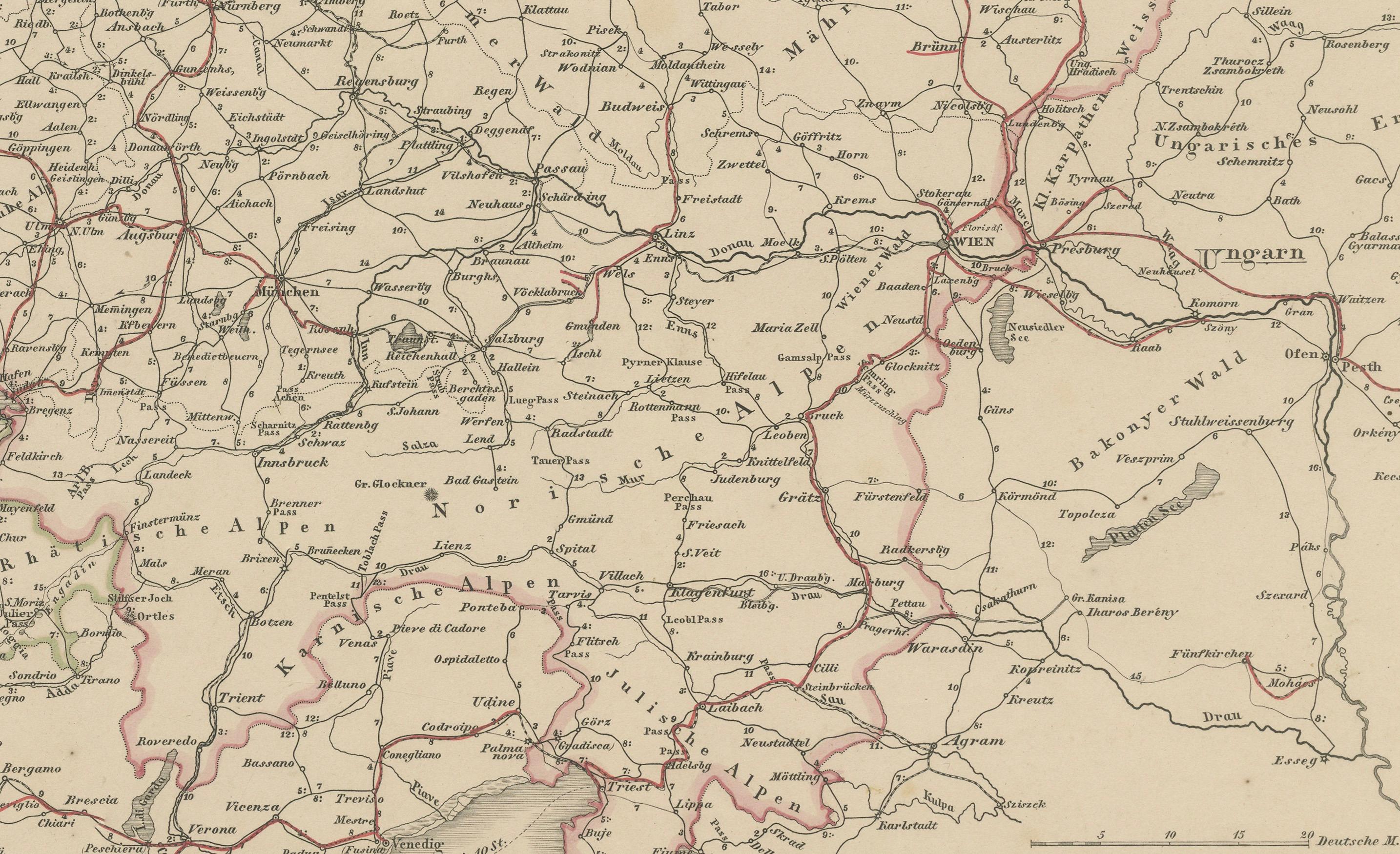 Mapa antiguo de Alemania y ferrocarriles - Panorama de la red de transportes, 1857 en venta 3