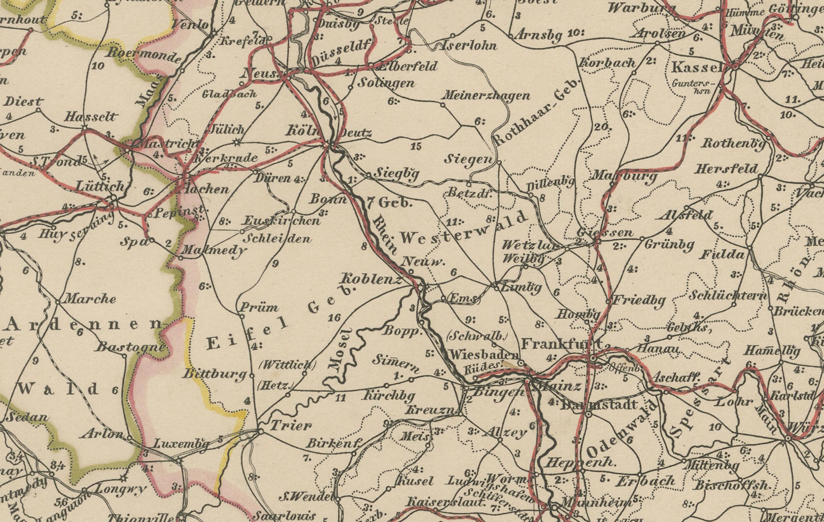 Mapa antiguo de Alemania y ferrocarriles - Panorama de la red de transportes, 1857

Llamativo mapa del siglo XIX titulado 