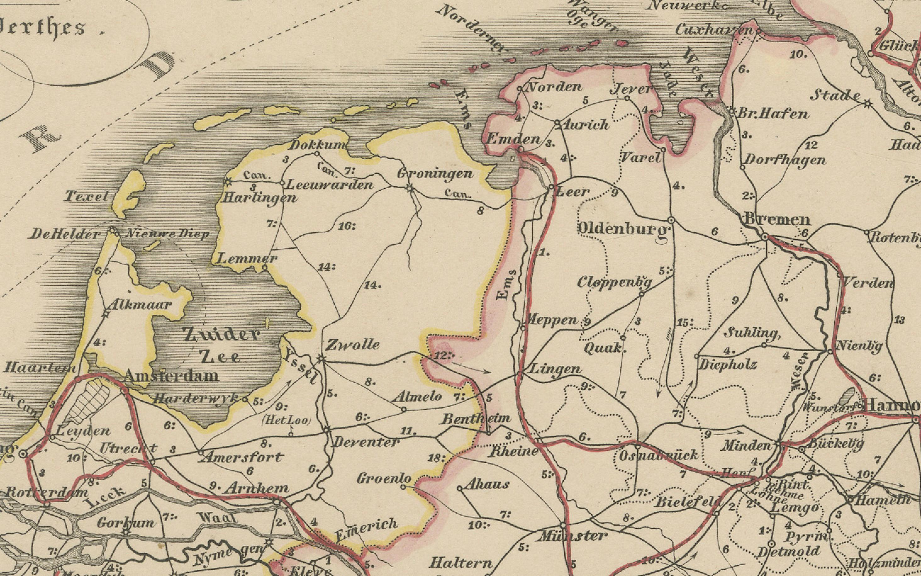 Mapa antiguo de Alemania y ferrocarriles - Panorama de la red de transportes, 1857 Alemán en venta