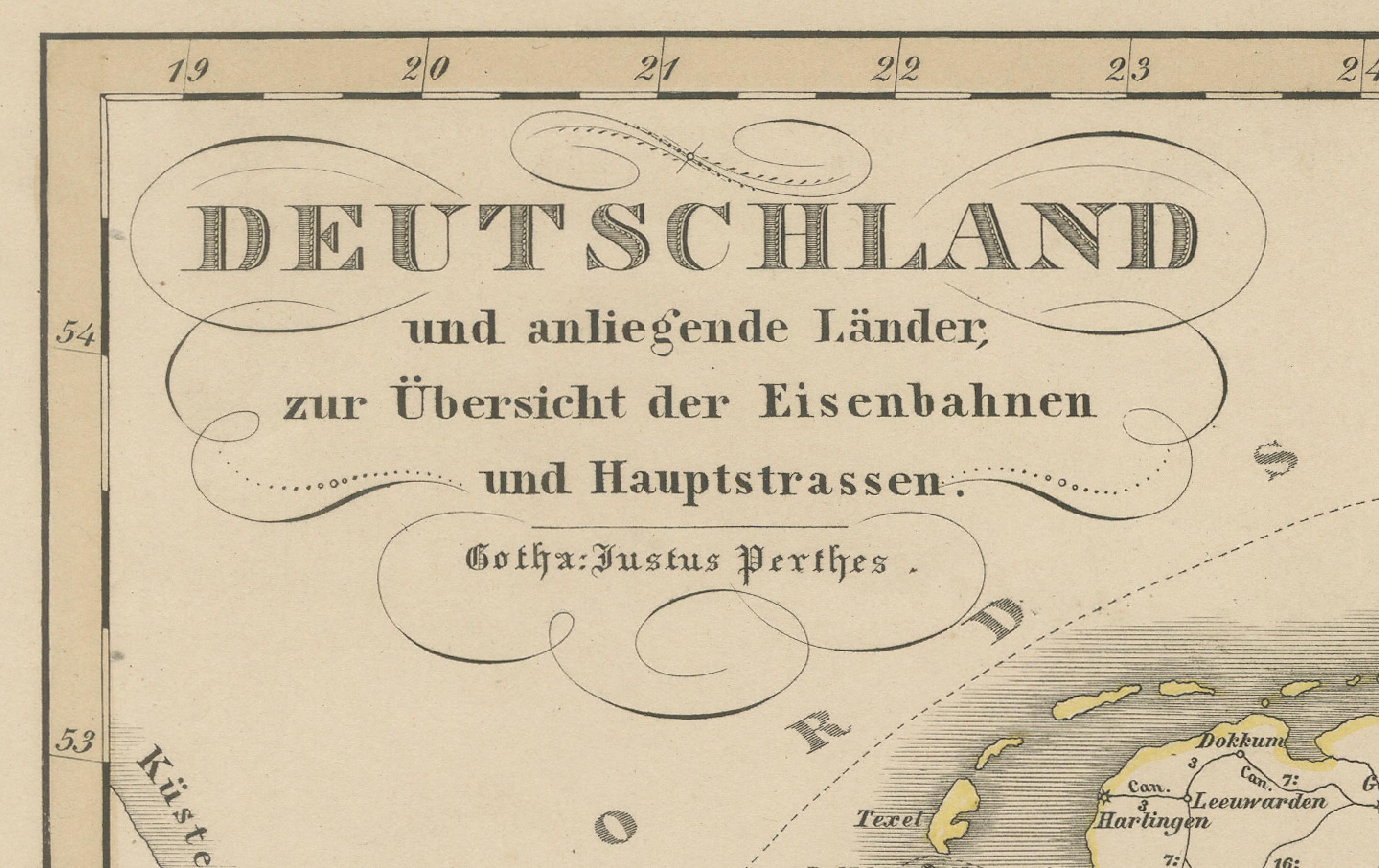 Mapa antiguo de Alemania y ferrocarriles - Panorama de la red de transportes, 1857 Grabado en venta