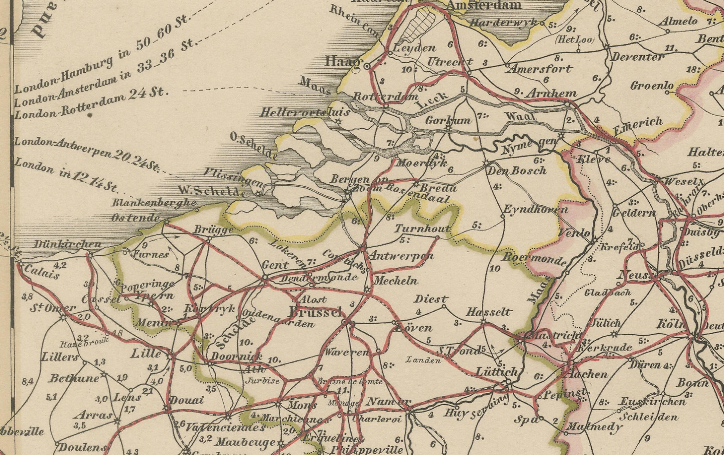 Mapa antiguo de Alemania y ferrocarriles - Panorama de la red de transportes, 1857 en Bueno estado para la venta en Langweer, NL