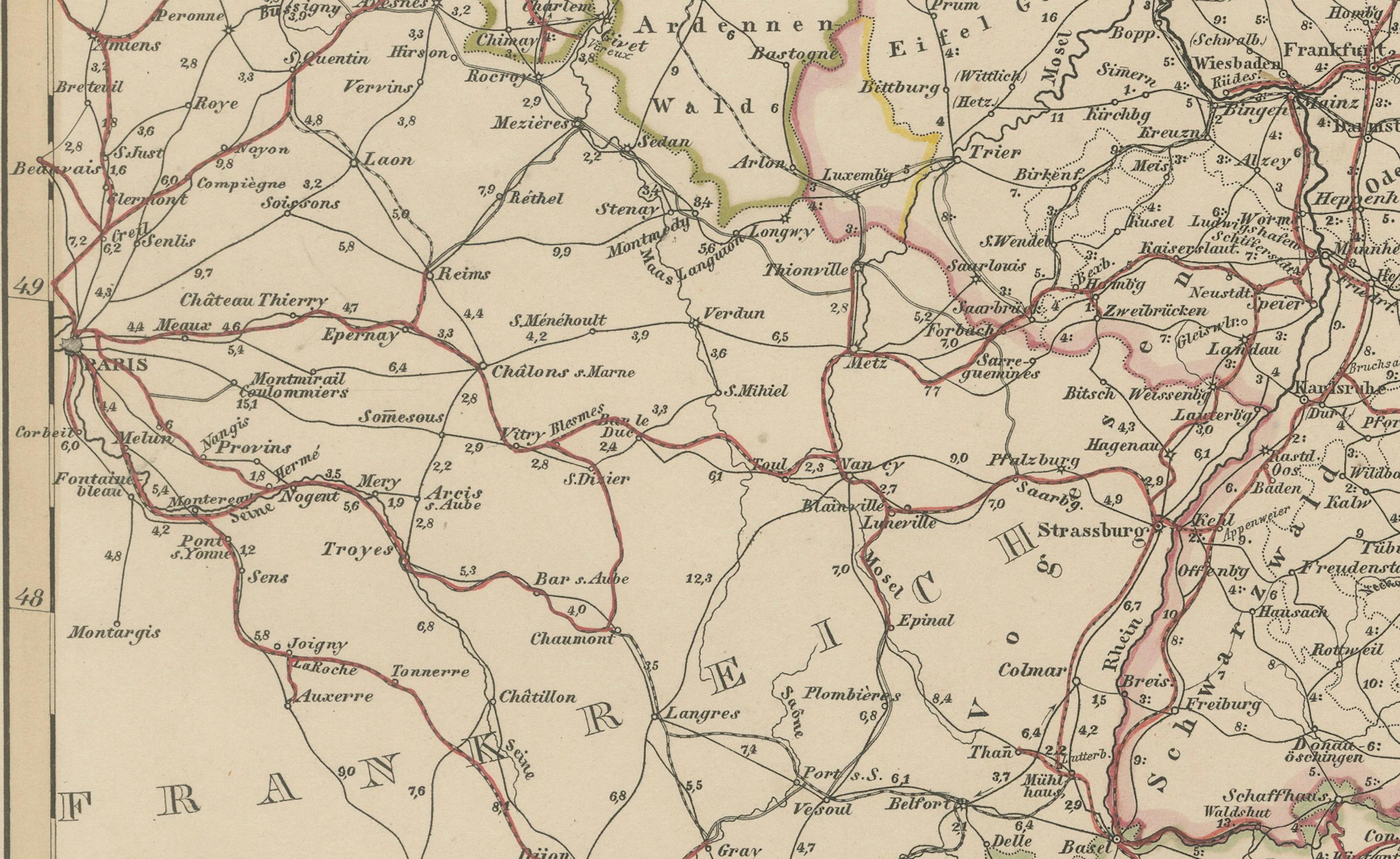 Mapa antiguo de Alemania y ferrocarriles - Panorama de la red de transportes, 1857 siglo XIX en venta