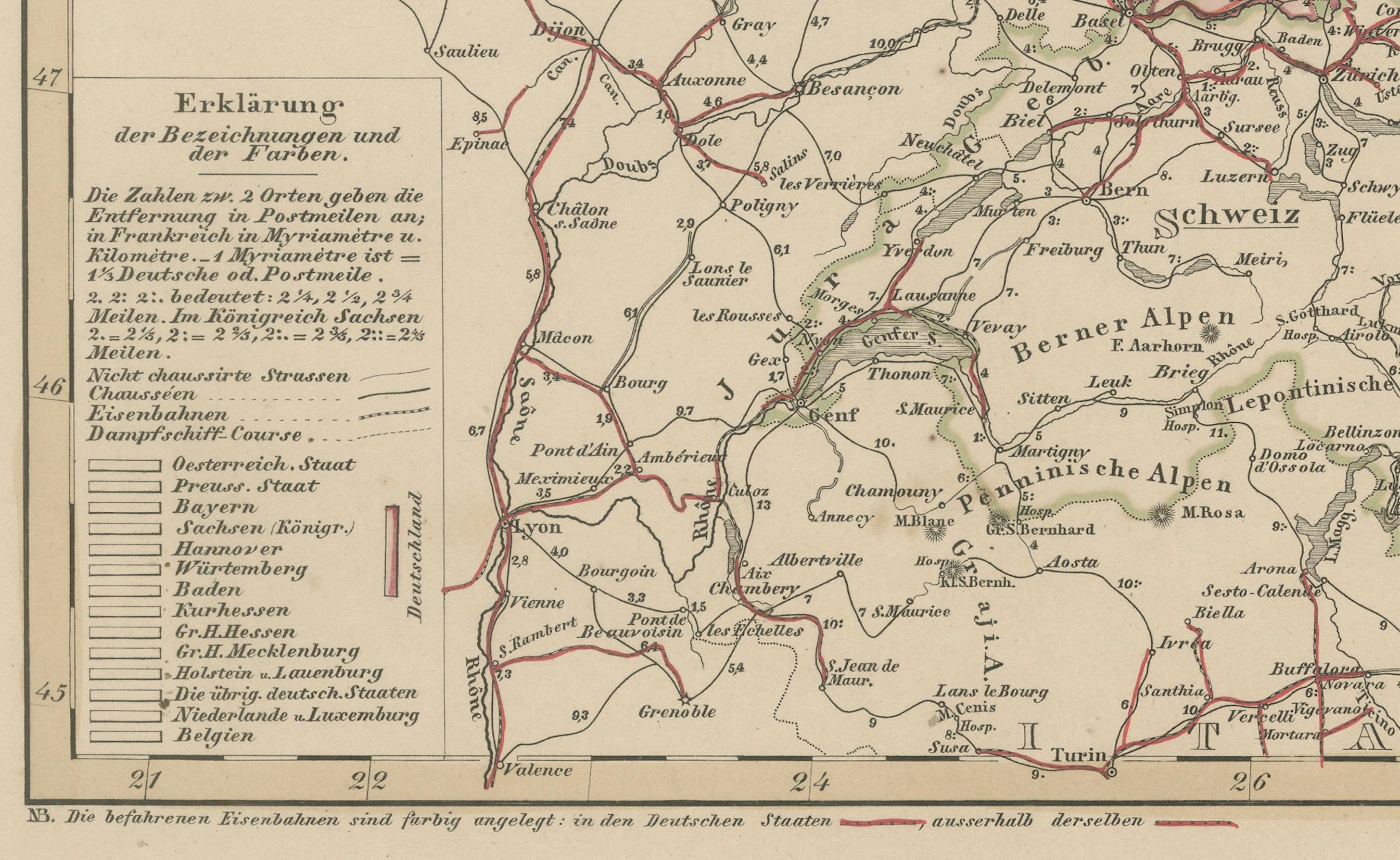 Mapa antiguo de Alemania y ferrocarriles - Panorama de la red de transportes, 1857 Papel en venta