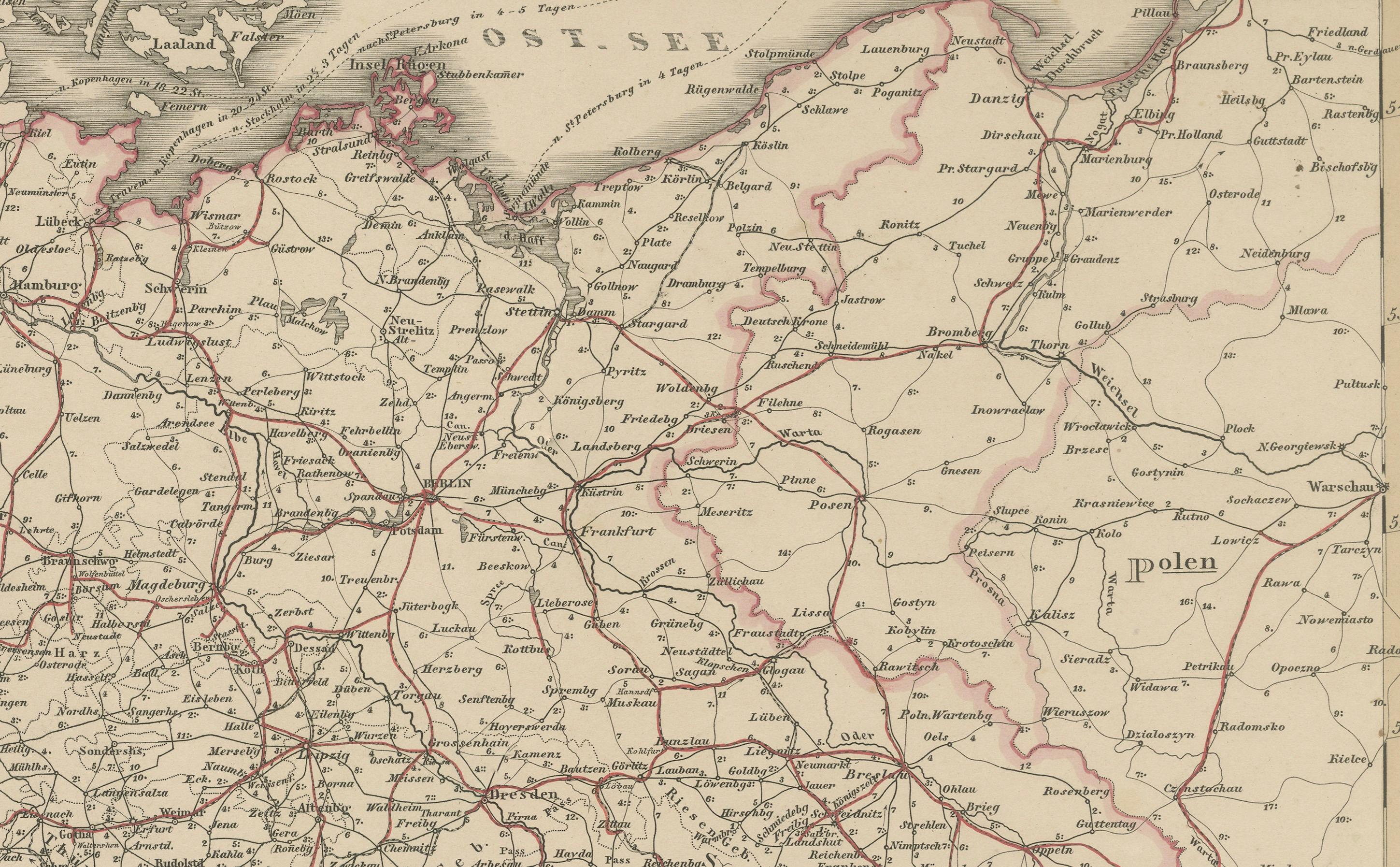 Mapa antiguo de Alemania y ferrocarriles - Panorama de la red de transportes, 1857 en venta 2