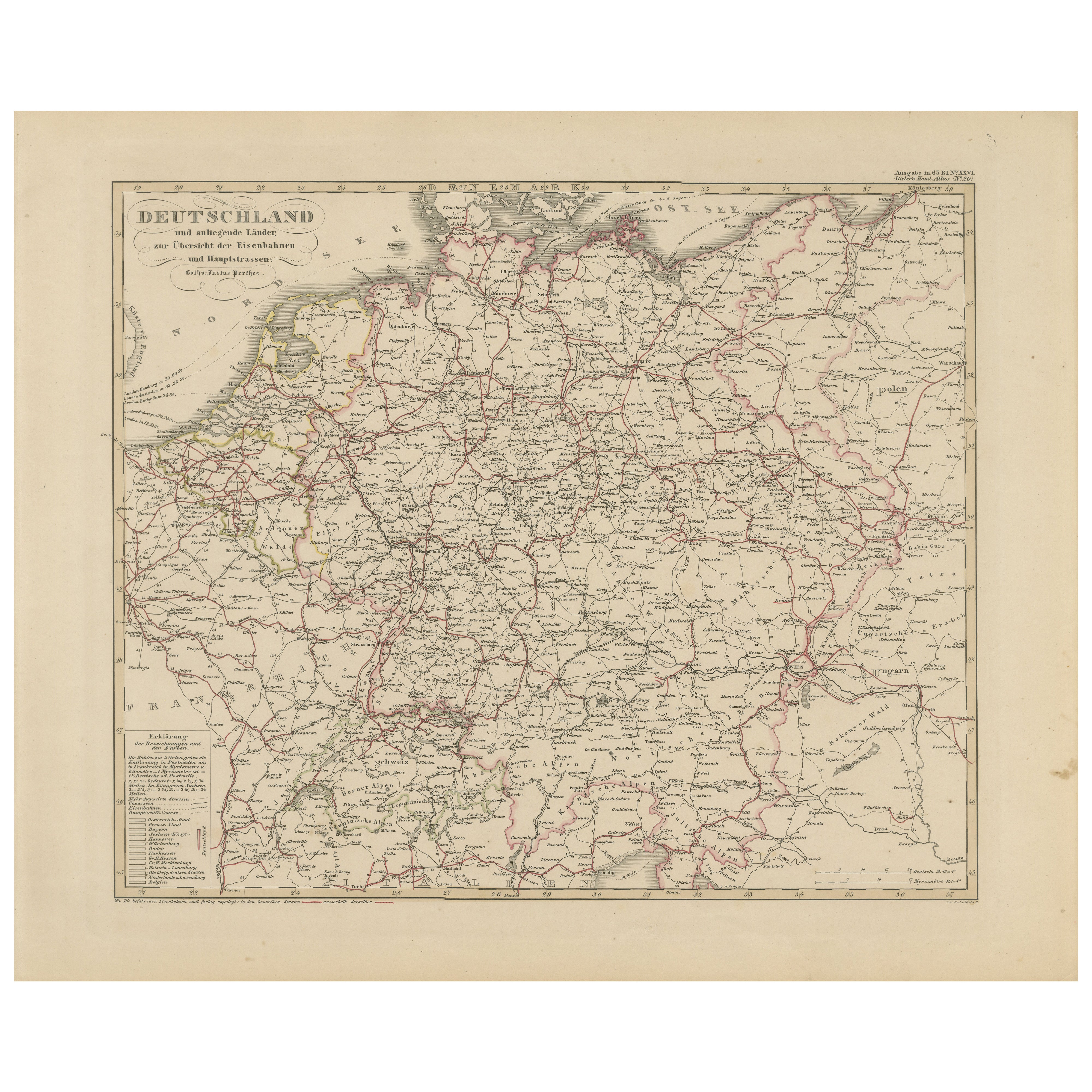 Antike Karte von Deutschland & Eisenbahnen - Verkehrsnetzübersicht, 1857 im Angebot
