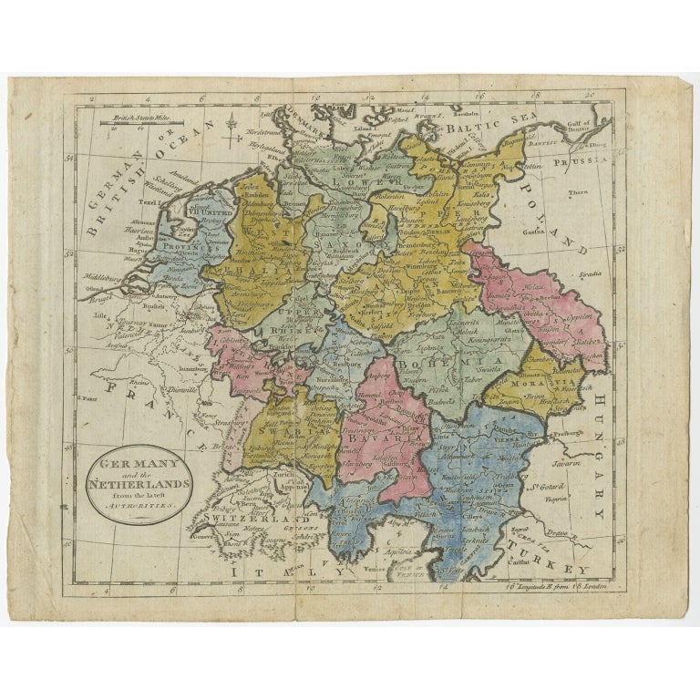 Antique map titled 'Germany and the Netherlands from the latest authorities'. Depicts Germany, the Netherlands and the surrounding region including Bohemia, Bavaria, and Switzerland. Artists and Engravers: Published by W. Guthrie.

Artist:
