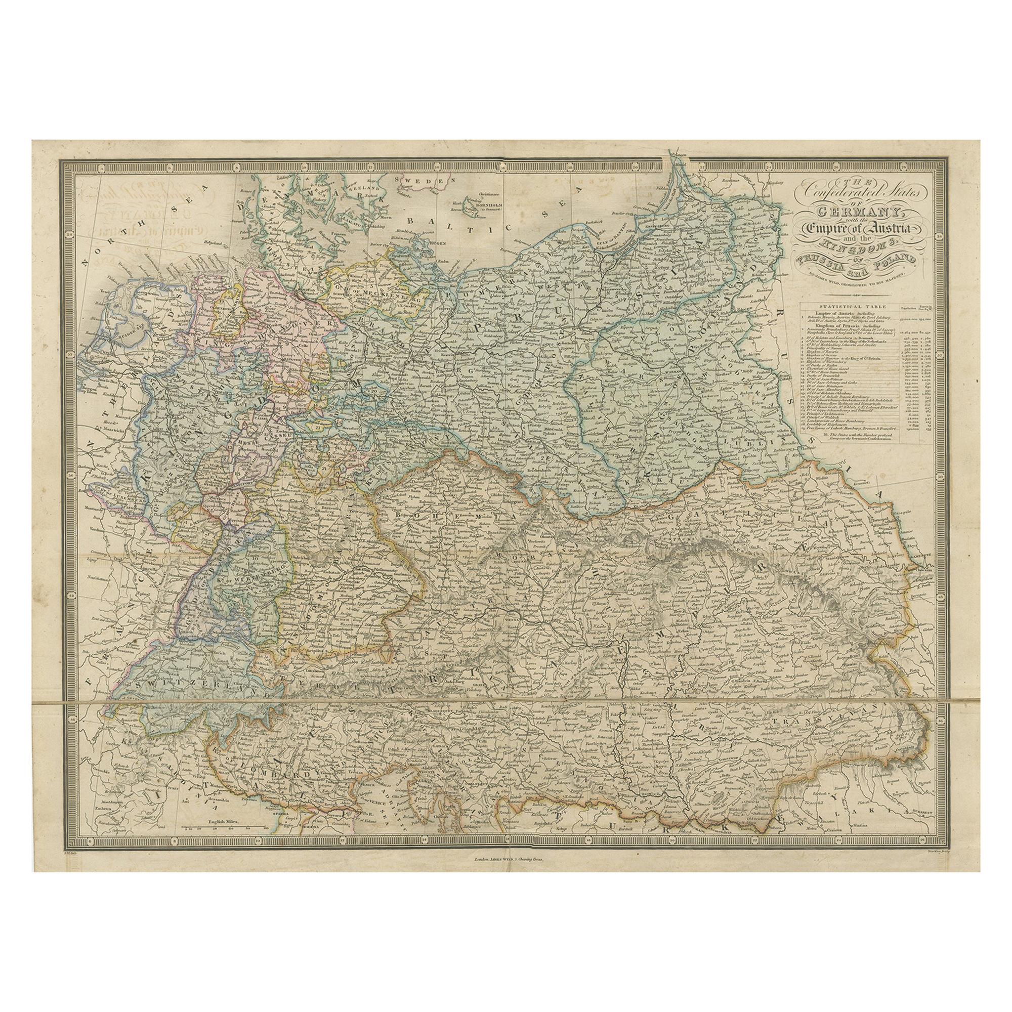 Antike Karte Deutschlands mit dem Kaiserreich Österreichs von Wyld '1845'