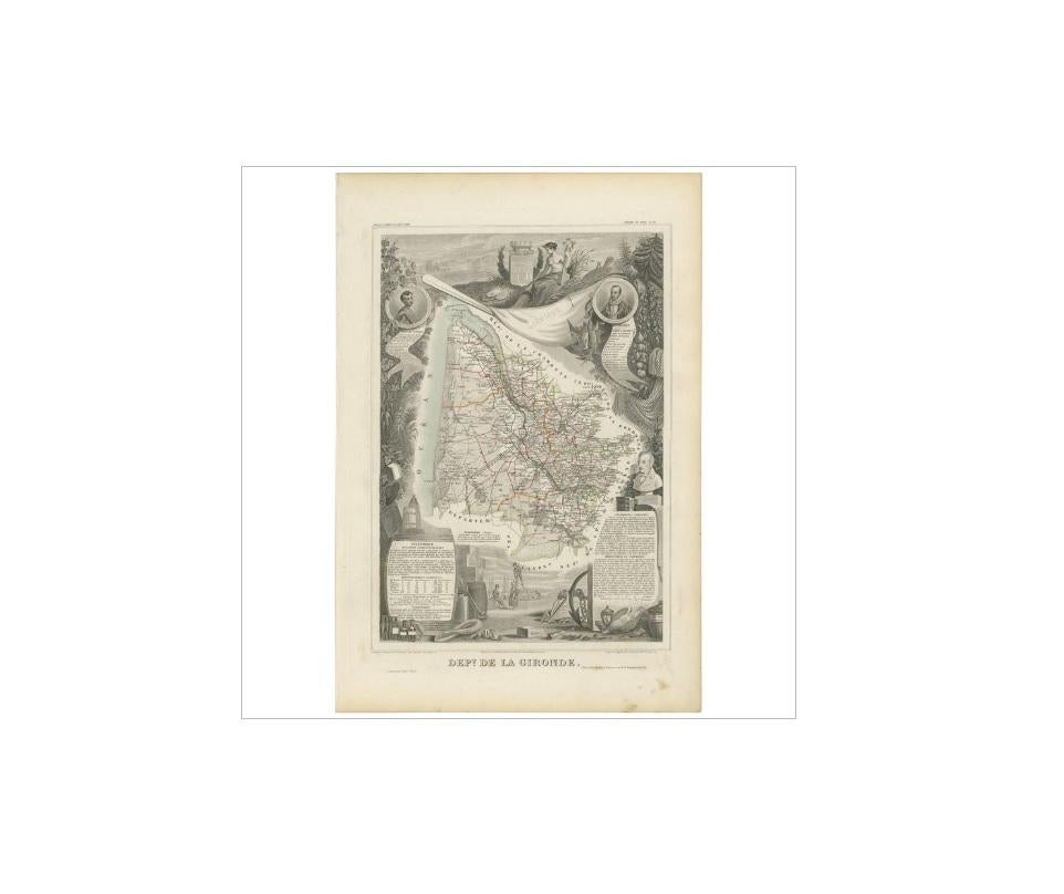 Antique map titled 'Dépt. de la Gironde'. Map of the French department of Gironde. This coastal department is the seat of the Bordeaux wine region and produces many of the world's finest reds. Shows numerous vineyards and chateaux. The whole is