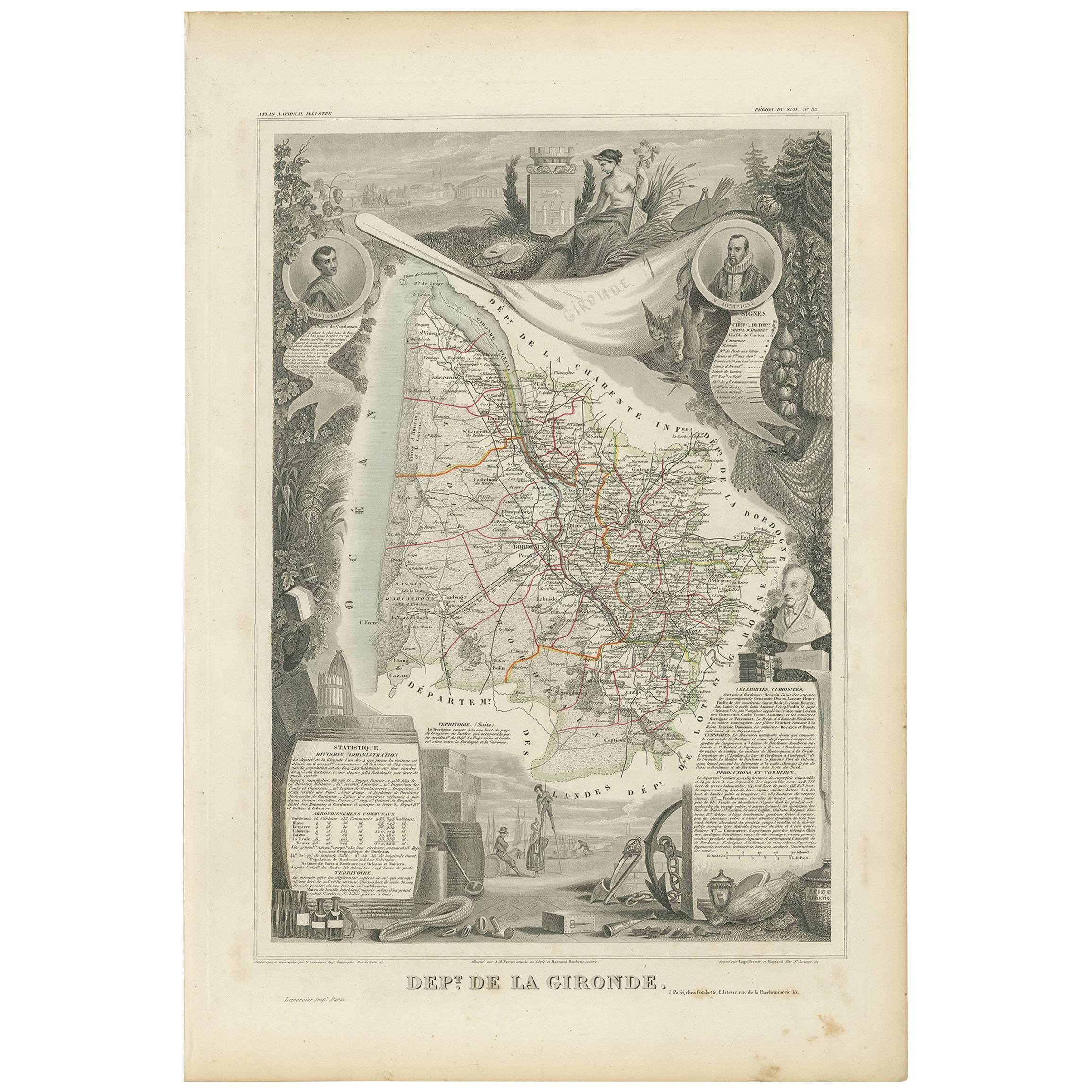 Antique Map of Gironde ‘France’ by V. Levasseur, 1854 For Sale