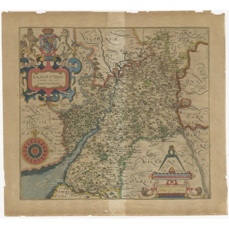 Antique map titled 'Glocestriae comitatus olim sedes Dobunorum'. Map of Gloucestershire, England. This map originates from Camden?s 'Britannia' published in circa 1607. Artists and Engravers: The county maps in Britannia were based on the work of
