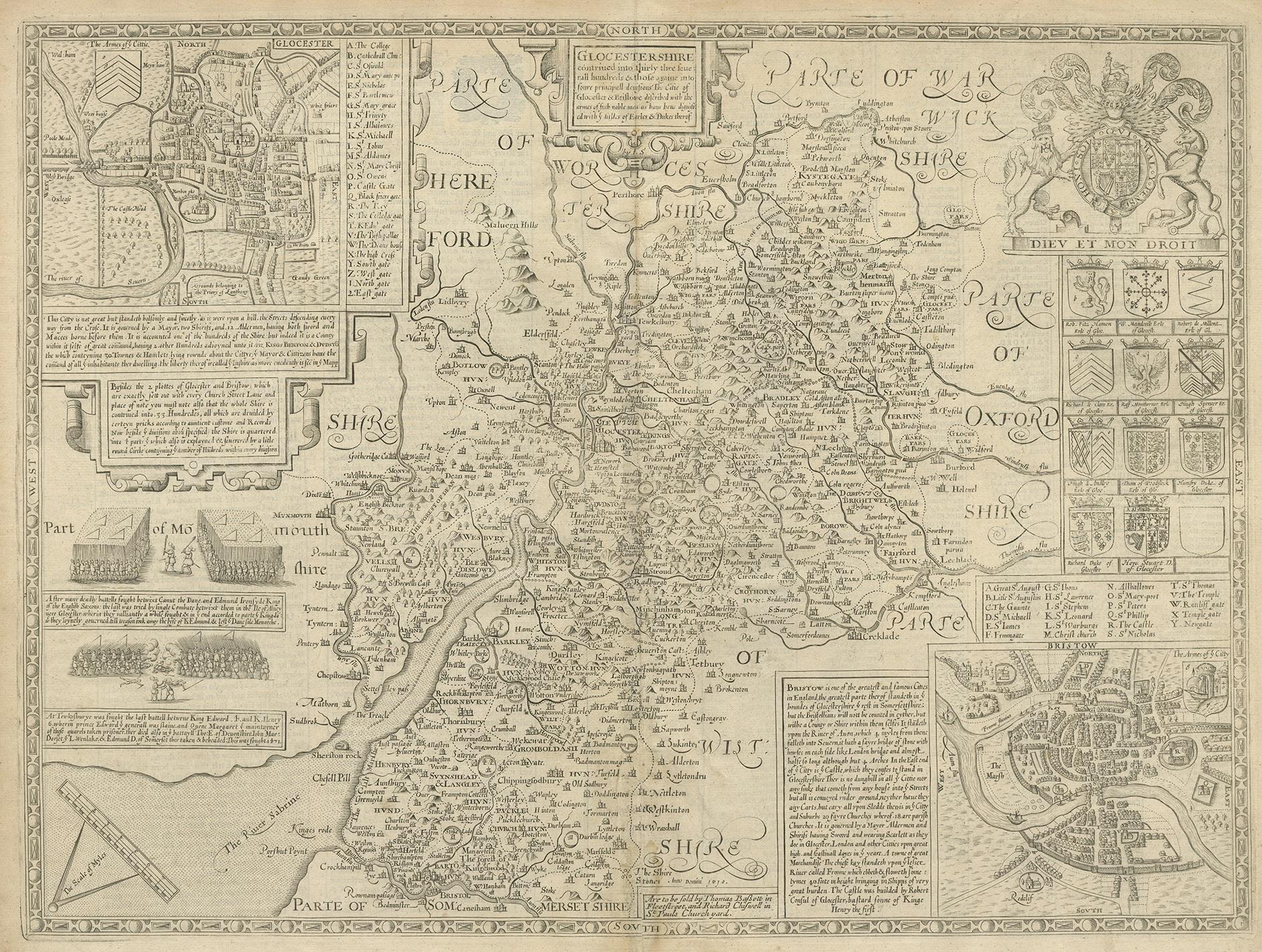 Antique map titled 'Glocestershire'. Original 17th century map of Gloucestershire, South West England, by John Speed. With inset town plans of Gloucester and Bristol. Published by Thomas Bassett & Richard Chiswell, 1676.