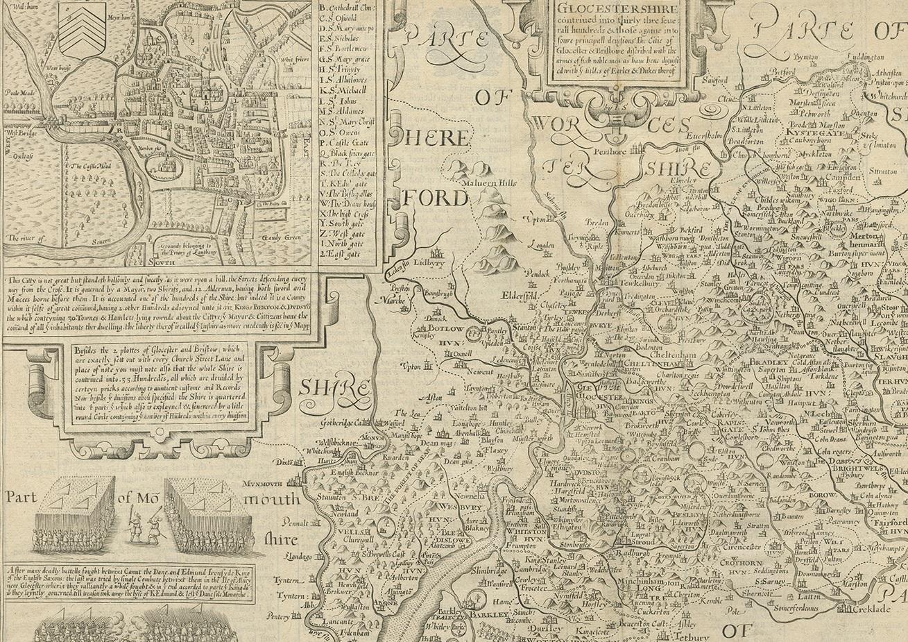 Carte ancienne du Gloucestershire par John Speed, '1676' État moyen - En vente à Langweer, NL