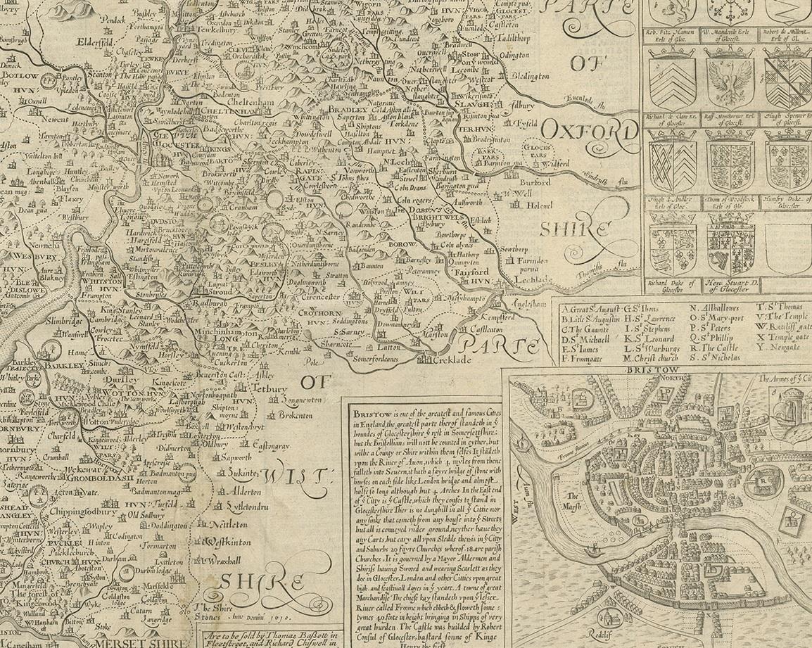 17ème siècle Carte ancienne du Gloucestershire par John Speed, '1676' en vente