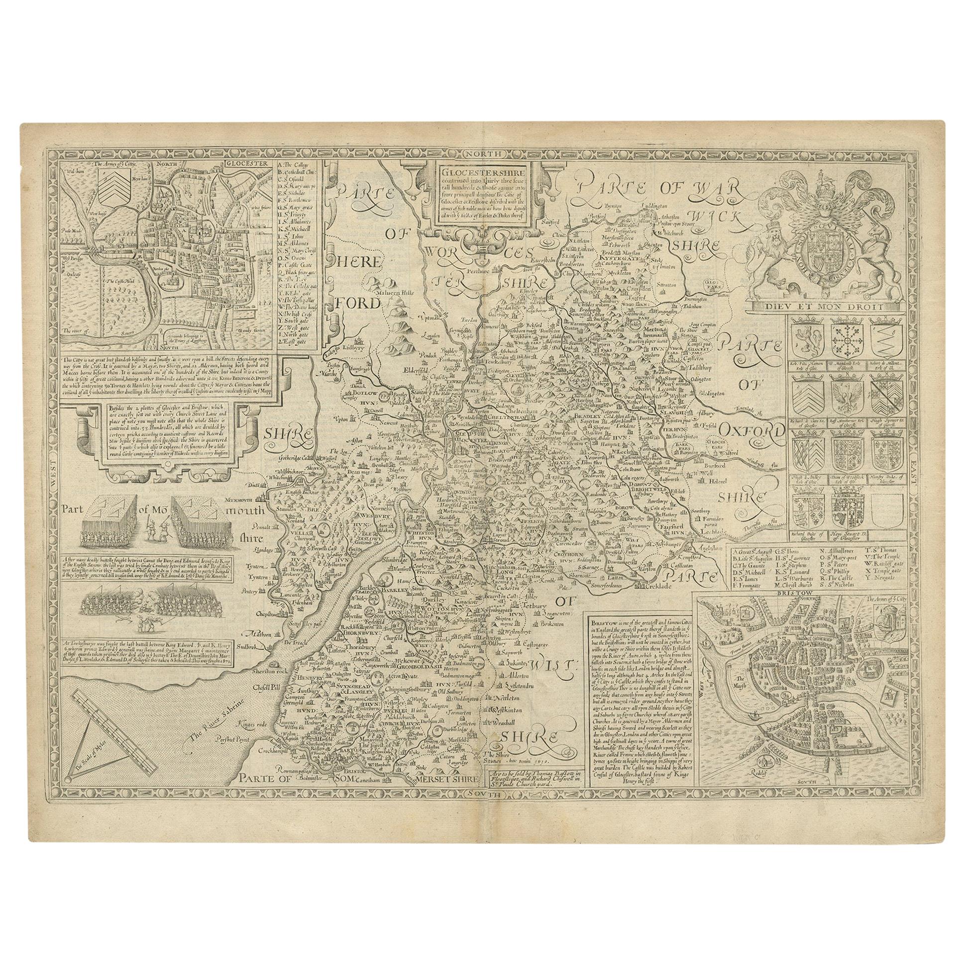 Old Tudor map of Gloucestershire England John Speed 1600's 15" x 11 Reprint 