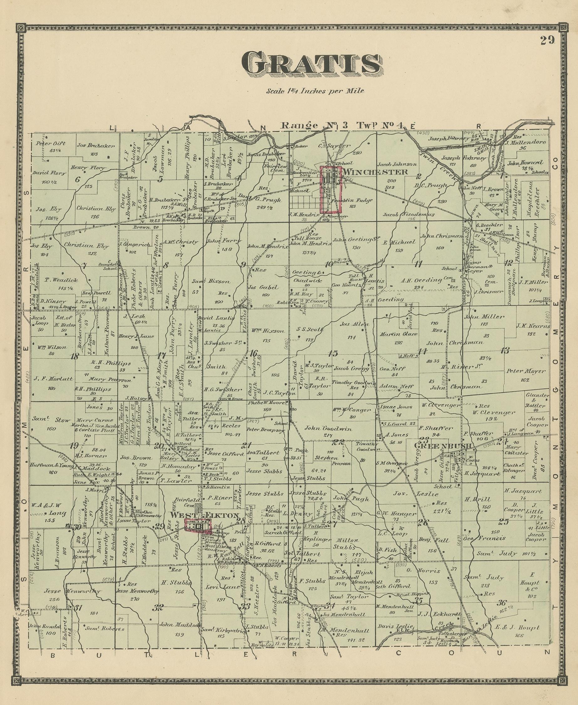 Antique map titled 'Gratis'. Original antique map of Gratis, Ohio. This map originates from 'Atlas of Preble County Ohio' by C.O. Titus. Published 1871.