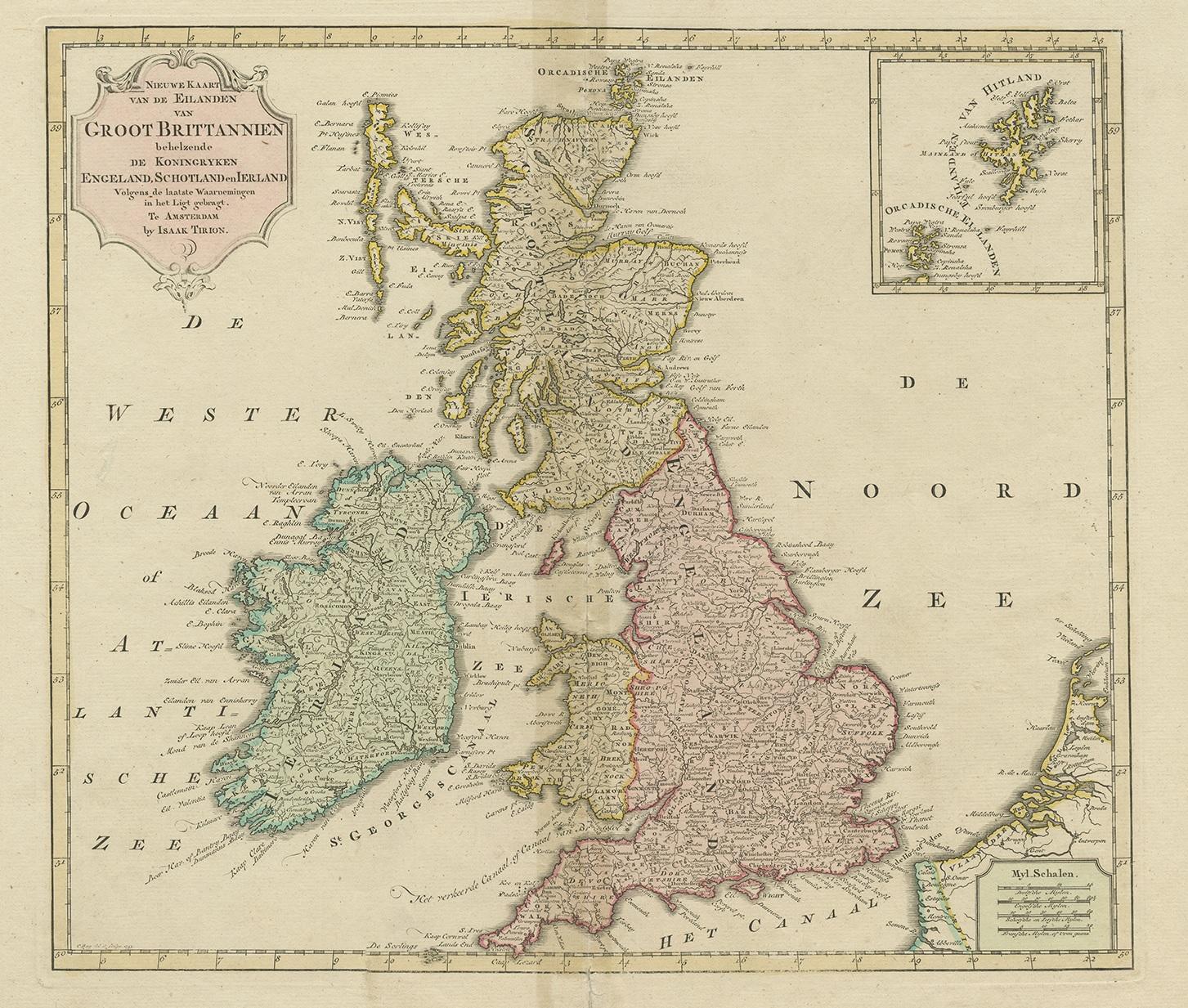 Antique map titled 'Nieuwe Kaart van de Eilanden van Groot Brittannien Behelzende de Koningryken Engeland, Schotland en Ierland (…)'. Attractive map showing England and Ireland (United Kingdom). With an inset map of the Shetland islands.
