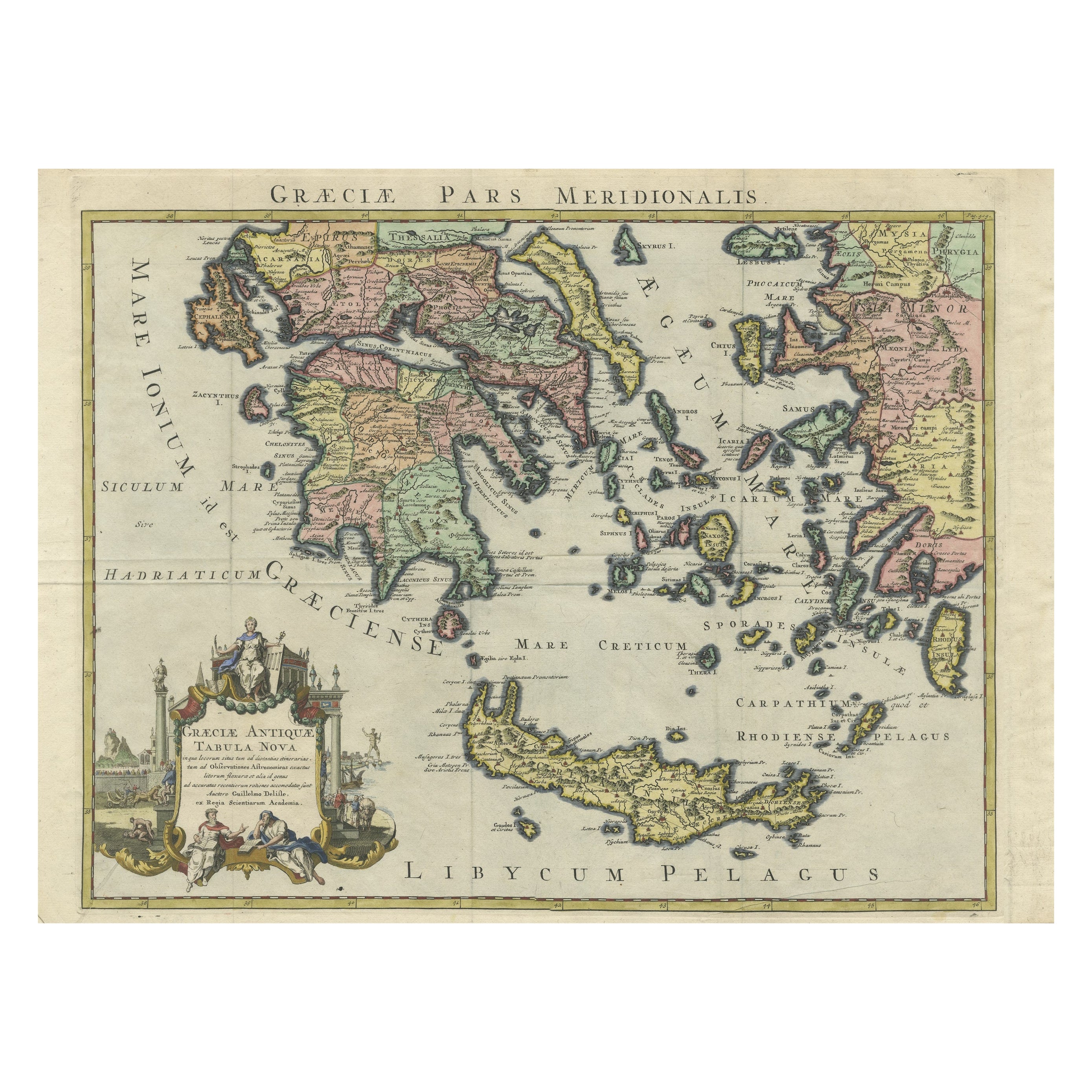 Carta geografica antica della Grecia e di Creta, Rodi e una parte dell'Asia Minore , 1730 ca.