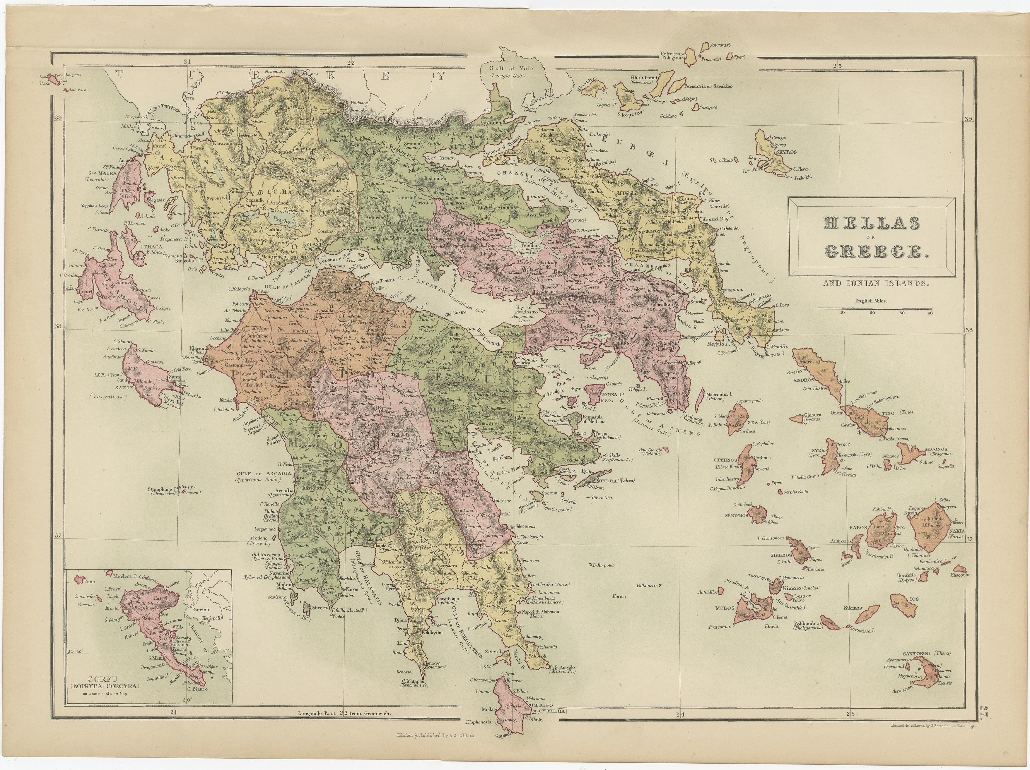 Antique map titled 'Hellas or Greece'. Original antique map of Greece and Ionian Islands with inset map of Corfu. This map originates from ‘Black's General Atlas of The World’. Published by A & C. Black, 1870.