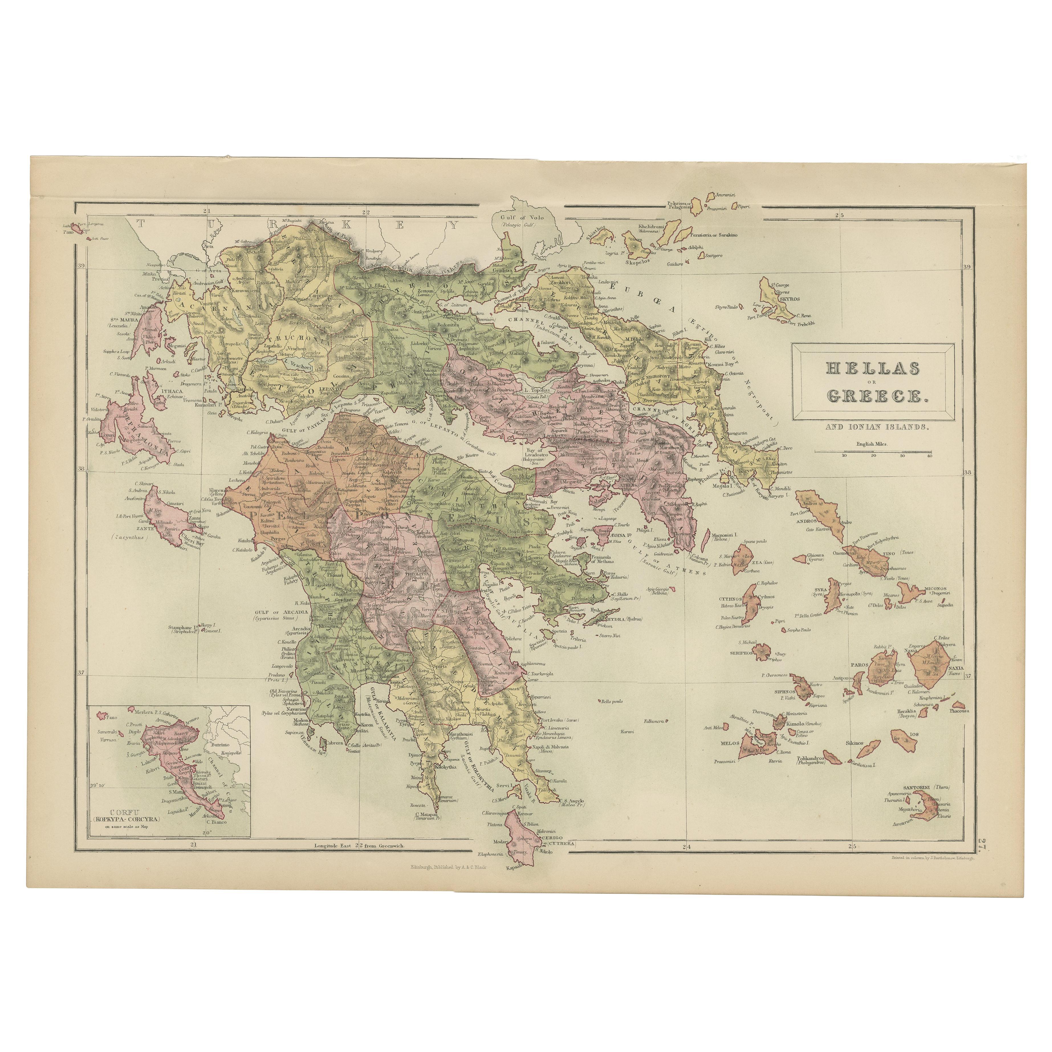 Antique Map of Greece and Ionian Islands by A & C. Black, 1870