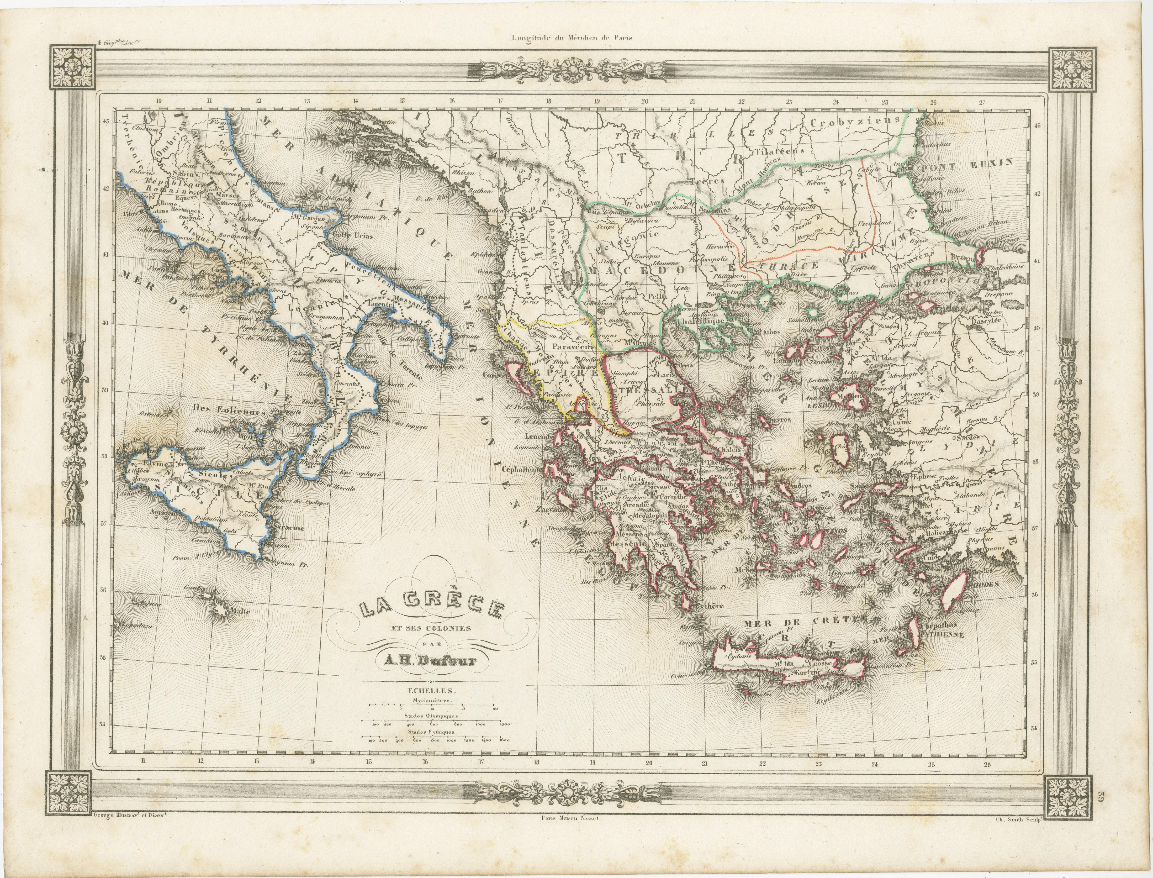 Antique map titled 'La Grèce'. Attractive map of Greece and its Colonies. The map covers from the southern part of Italy, including Sicily, to the western parts of Asia Minor and from Macedonia to Crete. This map originates from Maison Basset's 1852