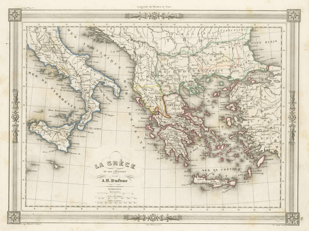 Antique Map of Greece and Its Colonies, with Frame Style Border