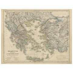 Antique Map of Greece and Surrounding Islands with an Inset Map of Troas, c.1870