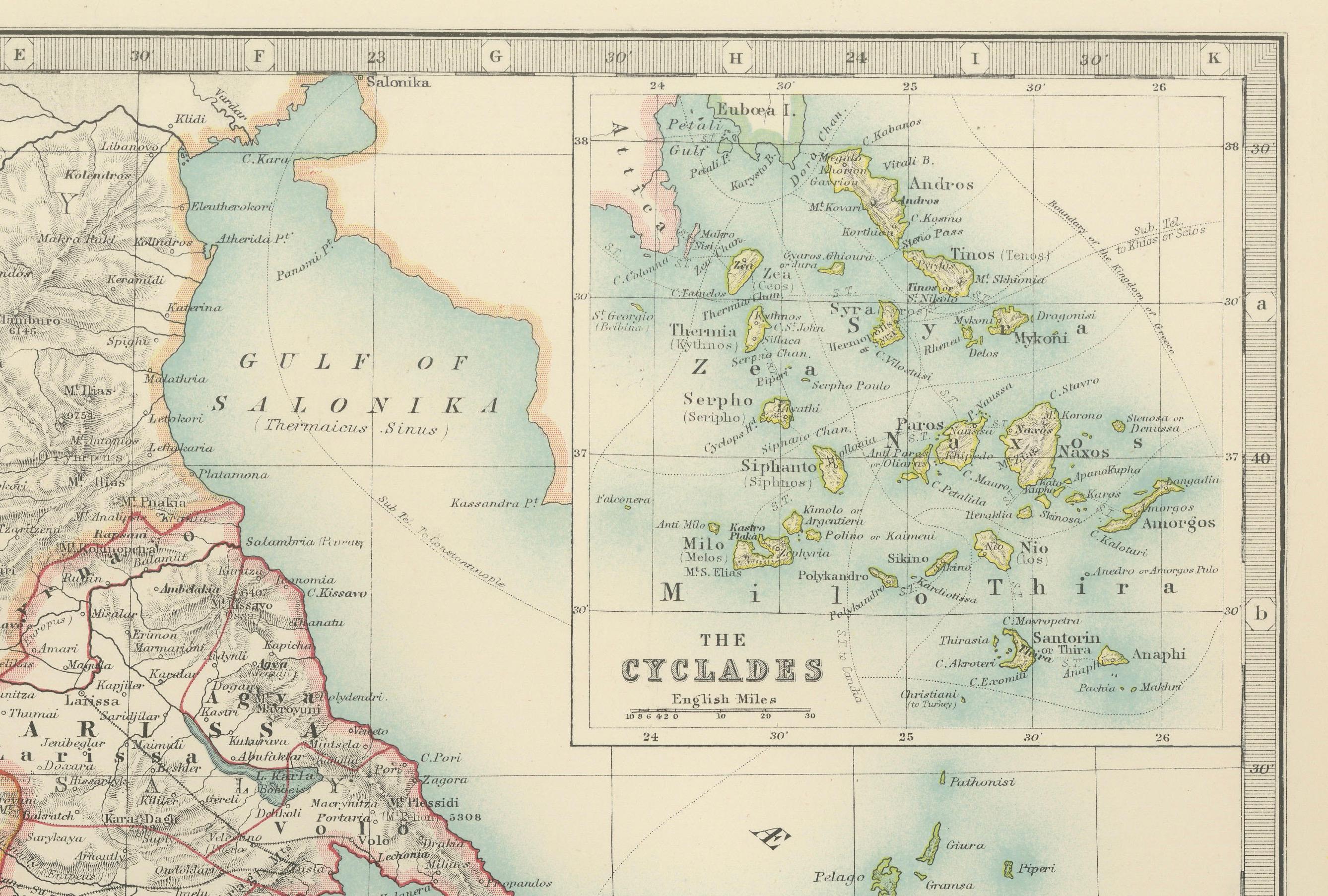 Antike Karte von Griechenland und den Cyclades, 1903, mit vielen Details und Insetkarten im Zustand „Gut“ im Angebot in Langweer, NL
