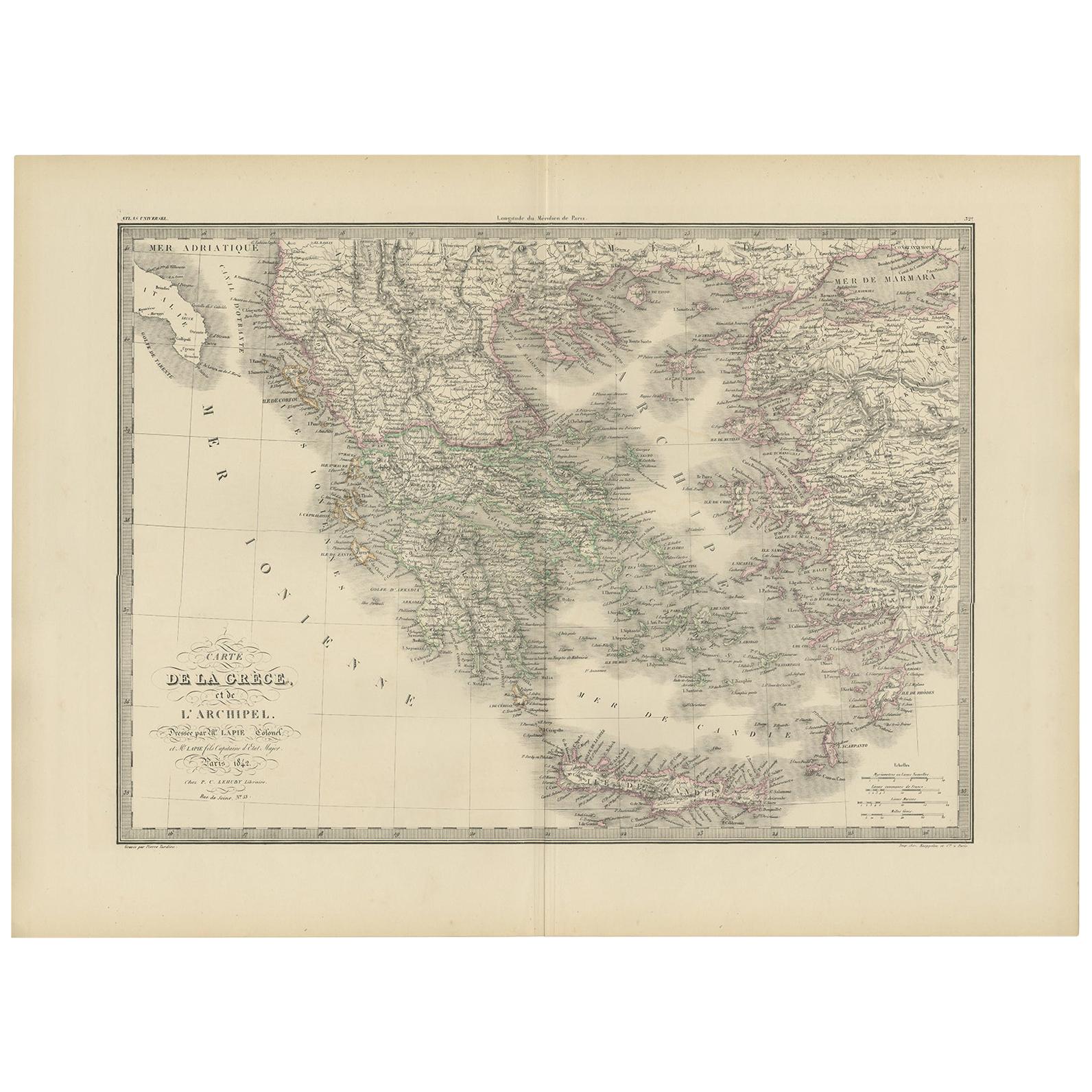 Antique Map of Greece and the Greek islands by Lapie, 1842
