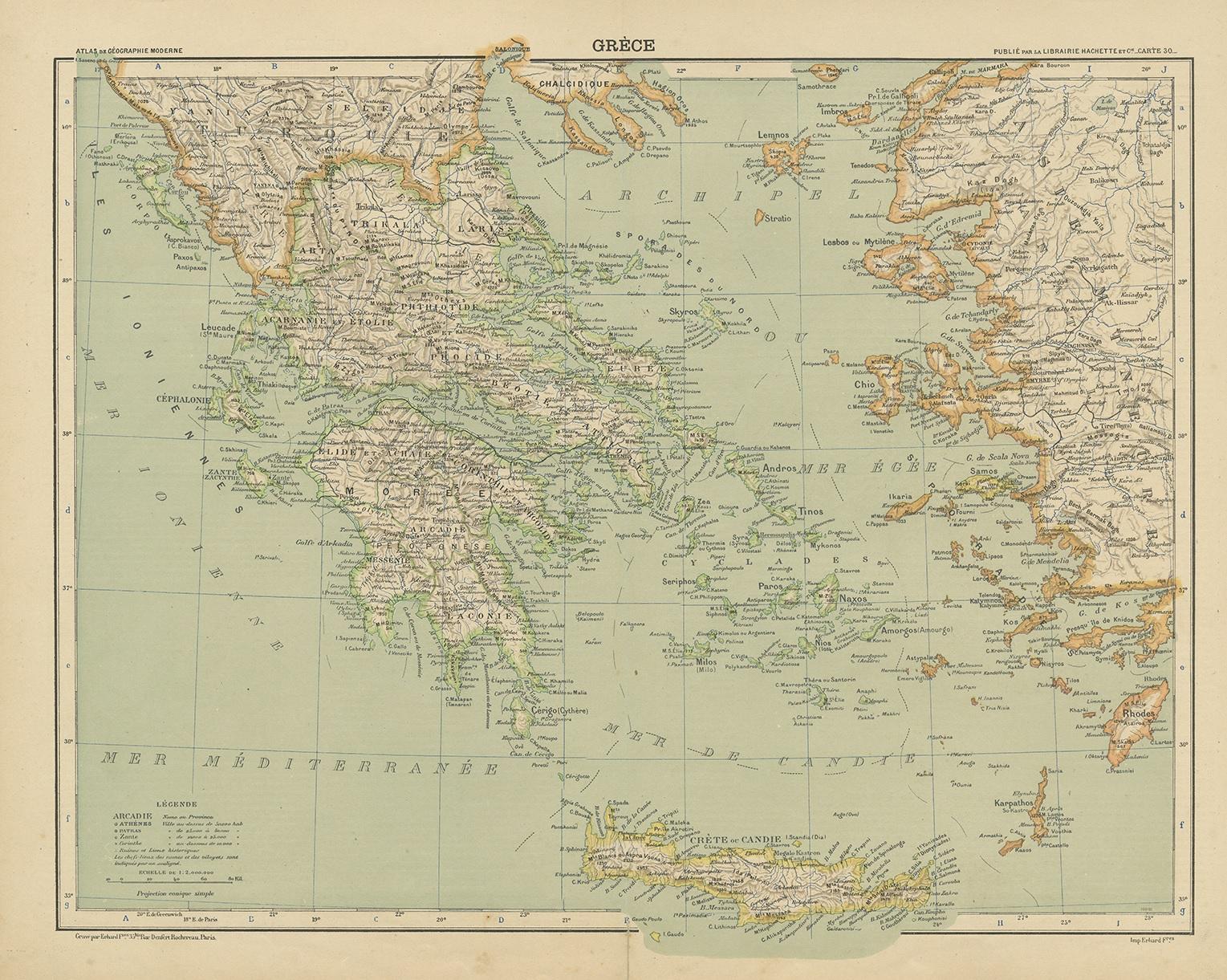 Antique map of Greece titled 'Grèce'. Old map of Greece and other parts of the Mediterranean including Crete and the Ionian Islands. This map originates from 'Atlas de Géographie Moderne'.