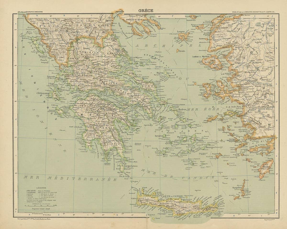 Antique Map of Greece and the Mediterranean by Hachette & Cie, '1896'