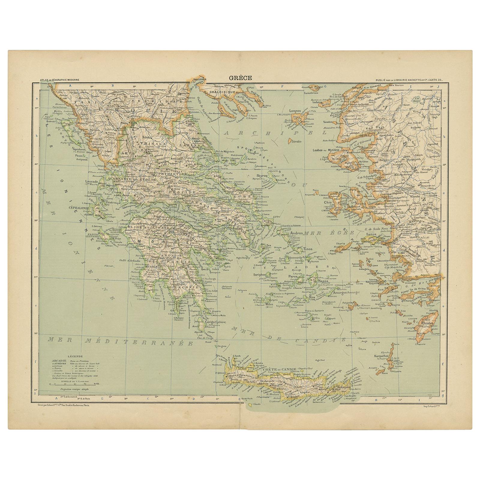 Carta geografica antica della Grecia e del Mediterraneo di Hachette & Cie, "1896". in vendita