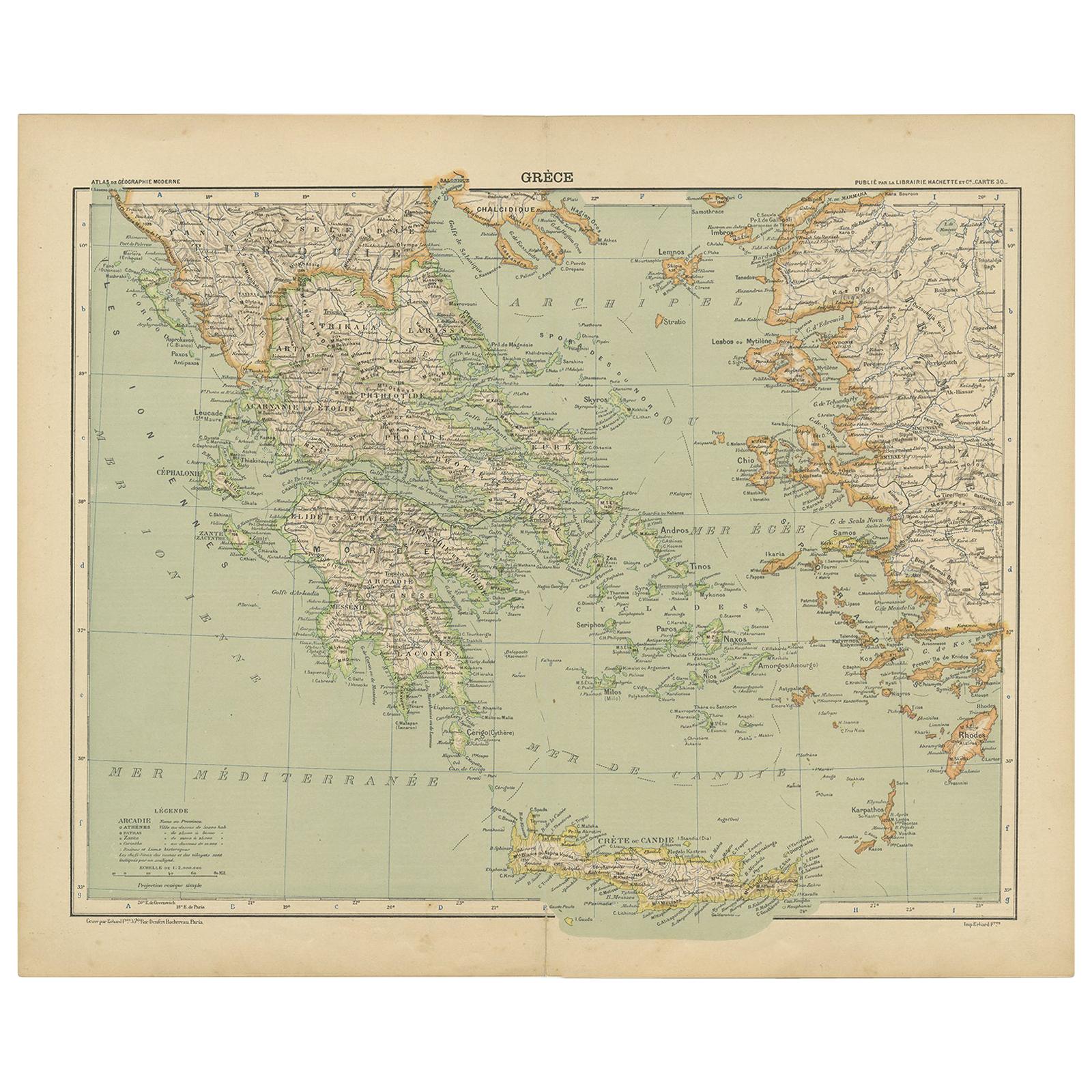 Antique Map of Greece and the Mediterranean by Hachette & Cie, '1896' For Sale