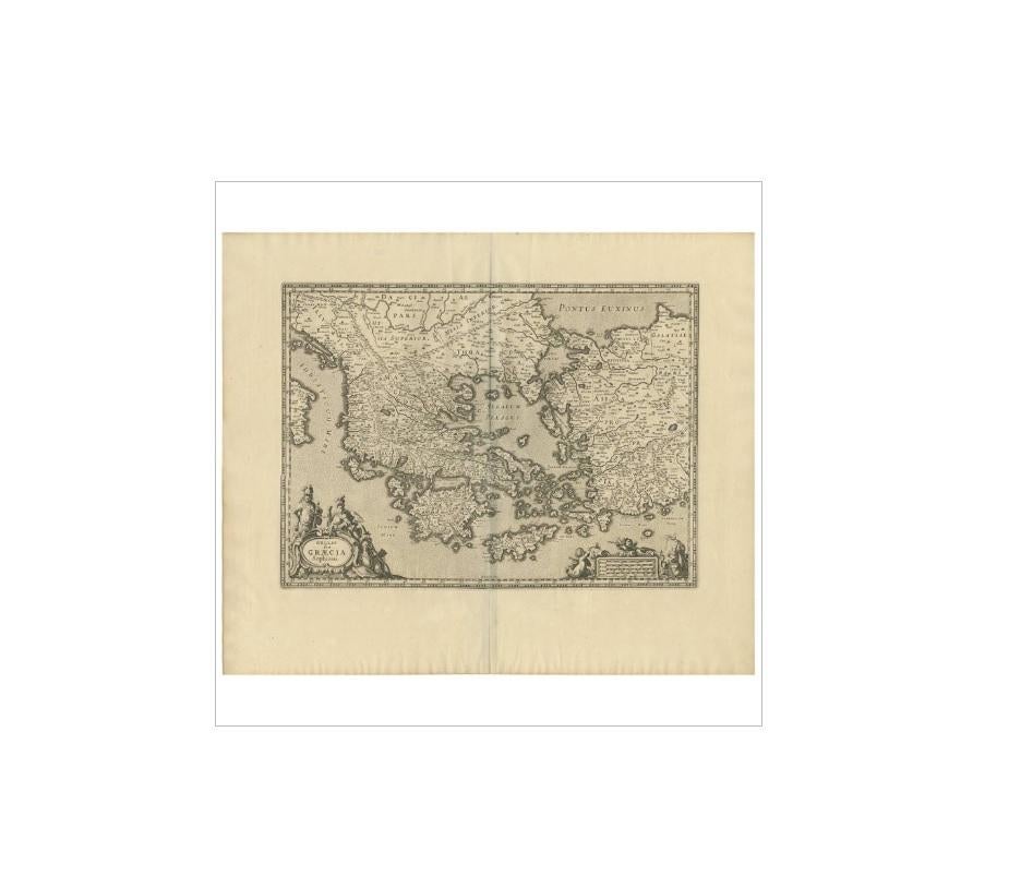 This is an authentic antique map of the Greece by Jan Jansson. The map was published in Amsterdam, circa 1653. This striking 17th century map of Greece was based on “Totius Graeciae Descriptio,” a large 8 sheet work by Nikolaos Sophianos, published