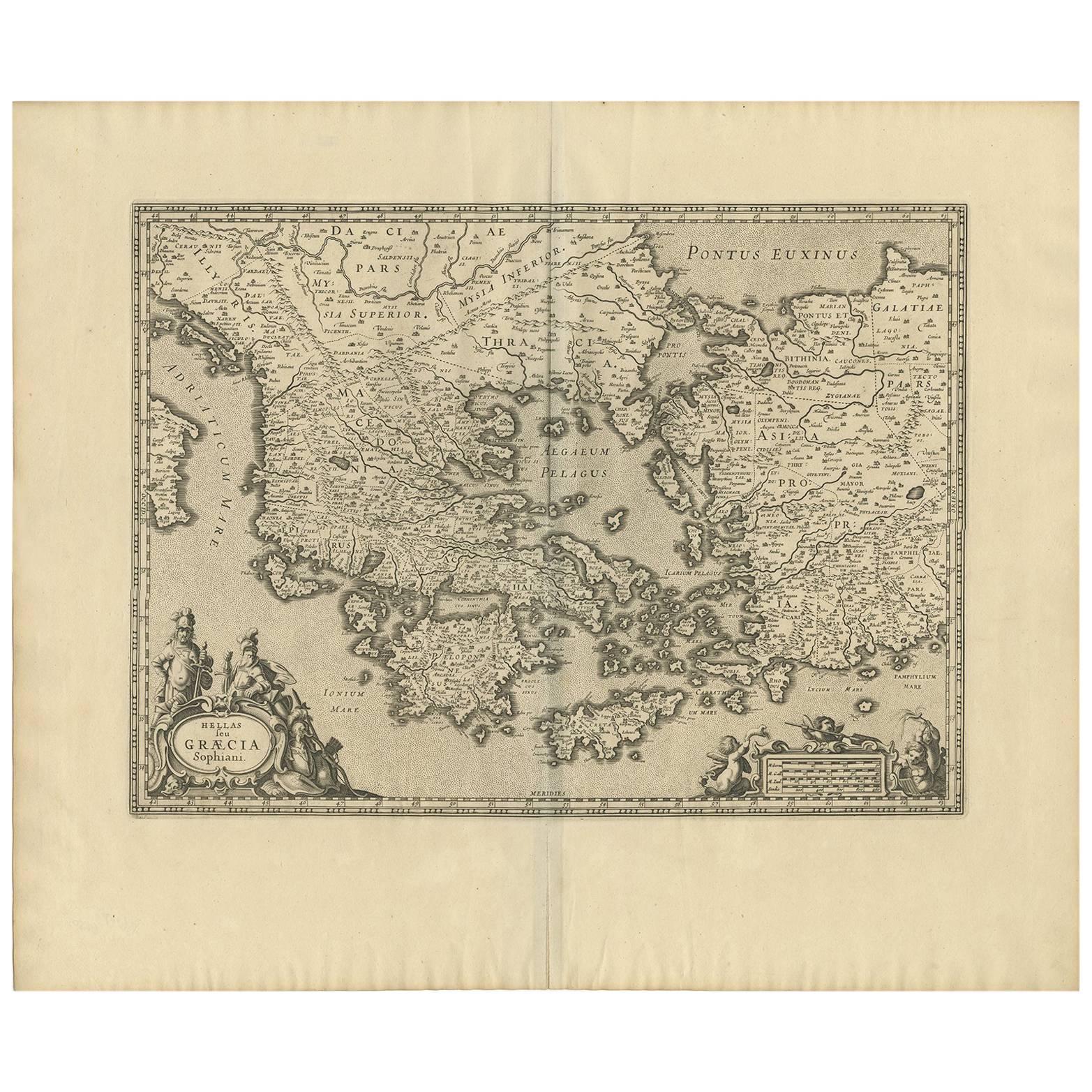 Mapa antiguo de Grecia por J. Jansson, hacia 1653