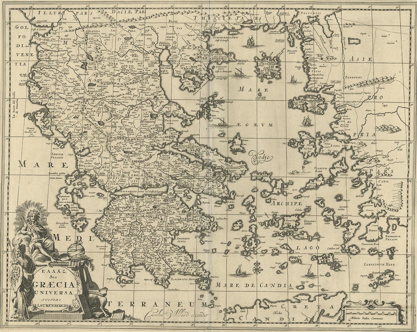 Antique map titled 'Hellas seu Graecia Universa' Detailed map of Greece, with Crete, the Aegean Islands, and part of Turkey. With two cartouches, compass rose and scale. Carolus Allard excudit, circa 1698.